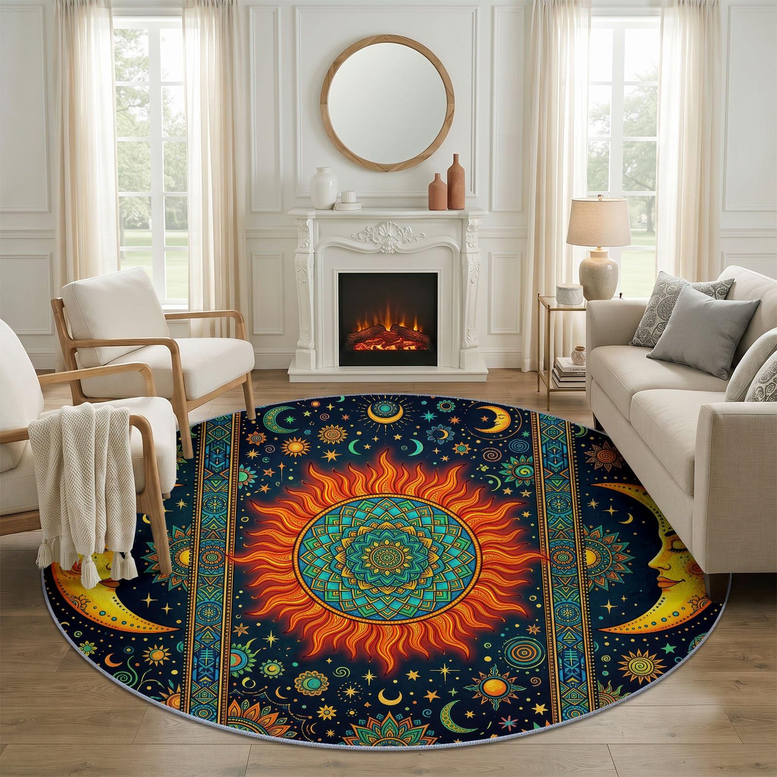 Okrągły dywan w stylu boho, etniczny, zmywalny, 160 cm, słońce, księżyc, mandala, gwiazdy, sztuczna wełna, antypoślizgowy, pomarańczowy, okrągły dywan do salonu, sypialni, pralni, dekoracja