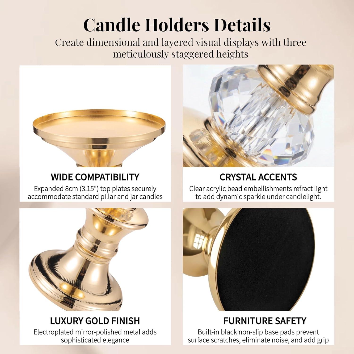 Gold Candle Holders Set of 3 for Pillar Candles Metal Candle Stands with Acrylic Crystal Accents for Wedding Centerpiece, Event Reception, Bridal Shower Home Decor – Fits 3" Wax/LED Candles