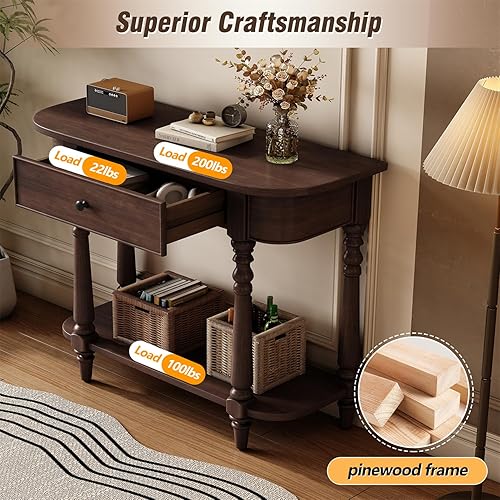 Miniatura 63 de Polibi Mesa consola curvada retro con estante de estilo abierto y 4 cajones superiores, mesa de entrada de media luna de 52 pulgadas de ancho con