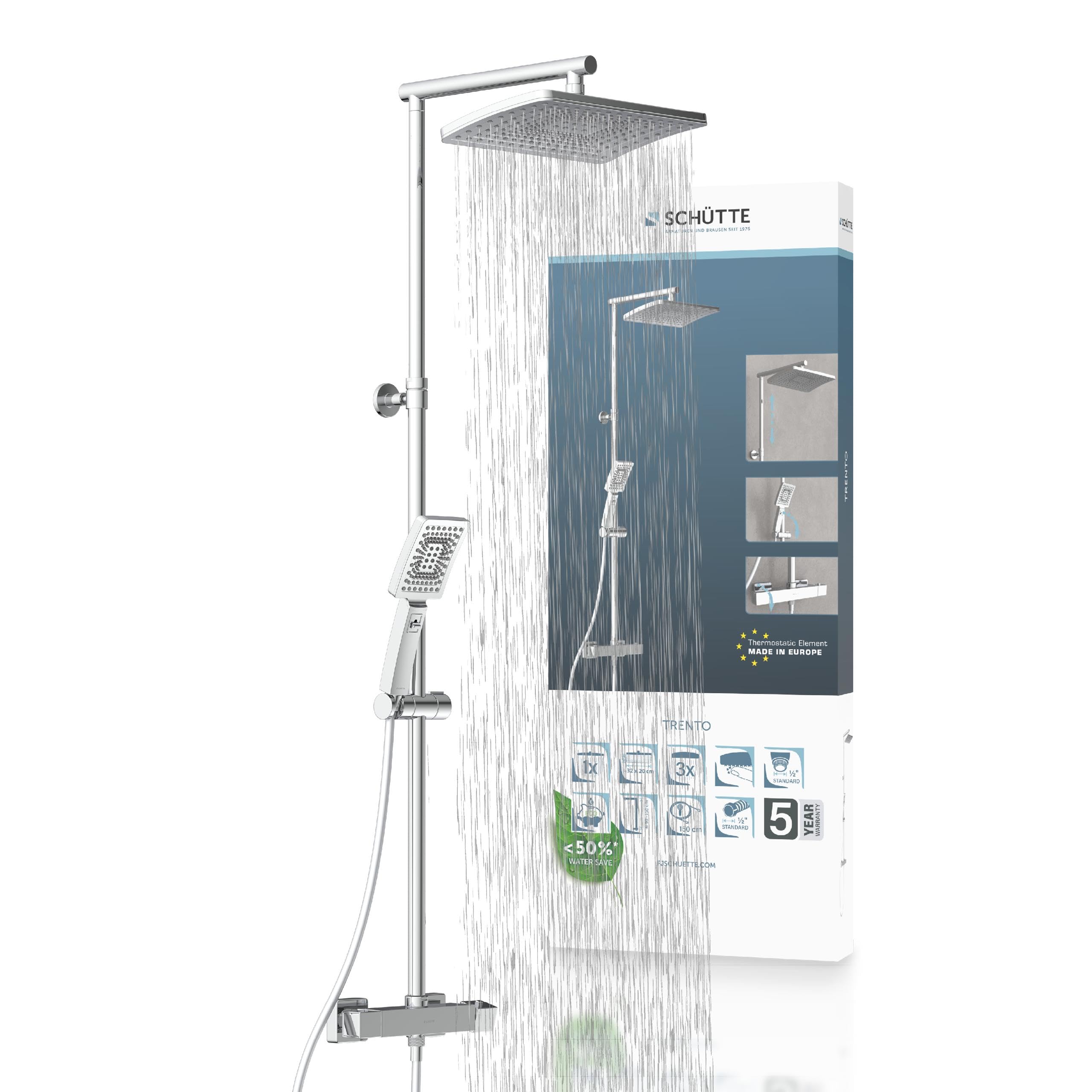 SCHÜTTE TRENTO 60140 Duschsystem mit Thermostat – Regendusche (32x20 cm), verstellbare Handbrause, Duschstange, Duschsäule, Chrom