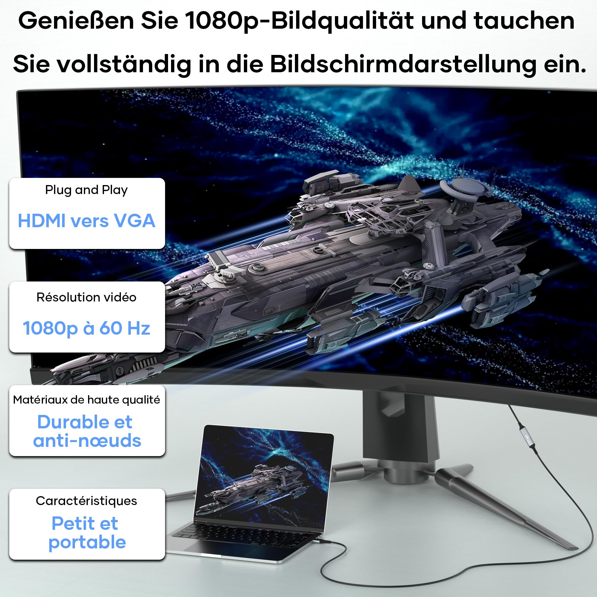 Adaptateur HDMI vers VGA unidirectionnel câble tressé nylon 1080p pour moniteur TV PC ordinateurs portables