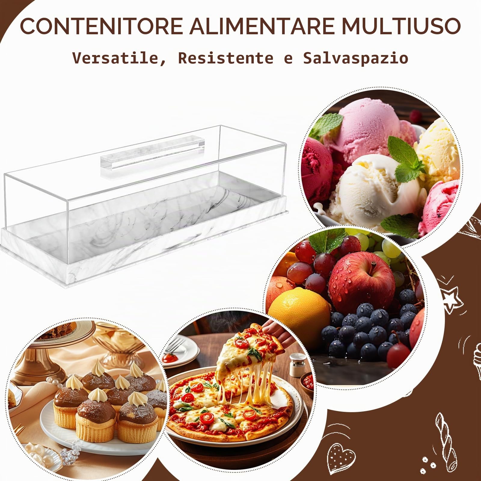Vassoio rettangolare in acrilico, alzata per torte con coperchio, espositore trasparente per pasticceria, vassoio da portata per dessert, supporto per dessert riutilizzabile, contenitore per torte per
