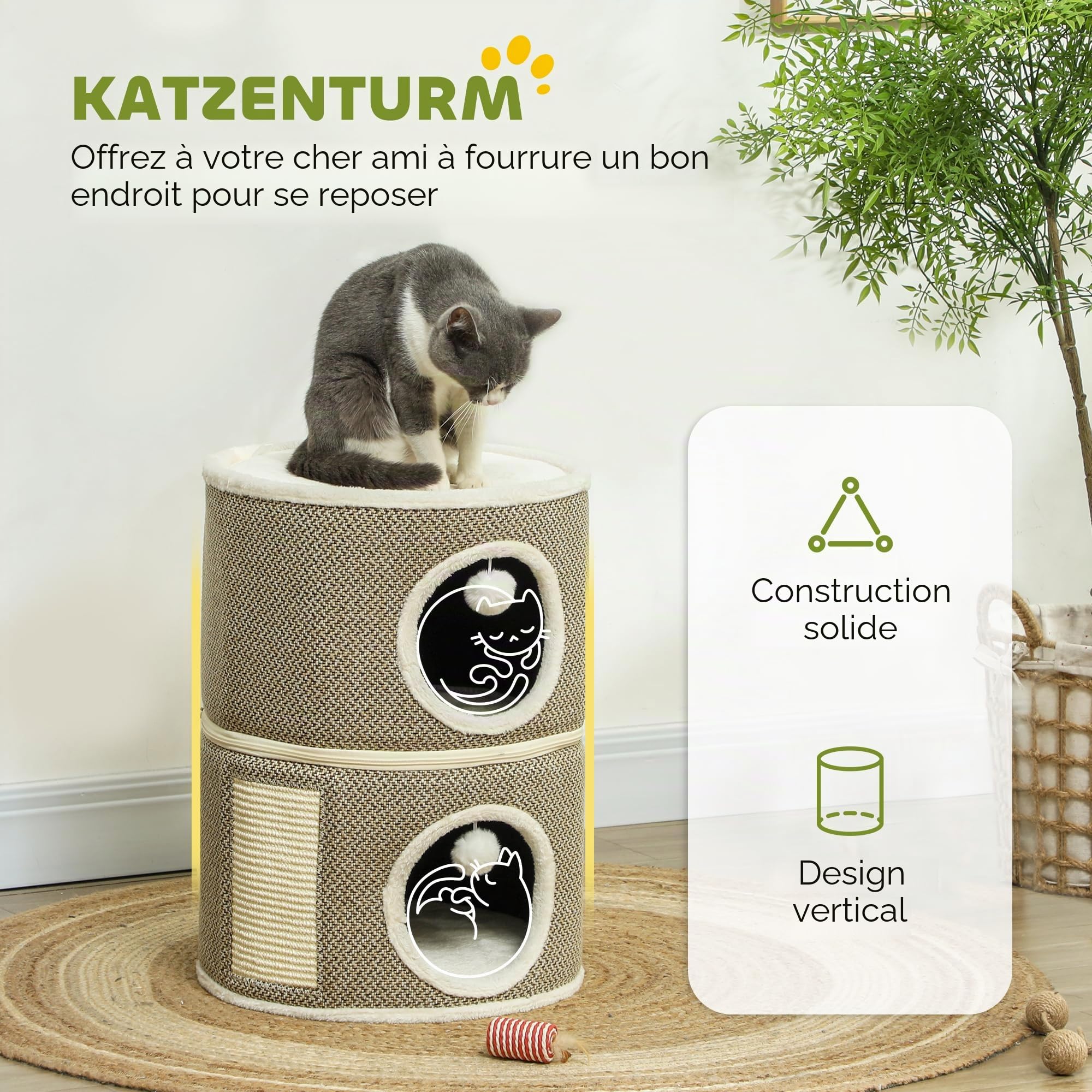 PawHut Tonneau à chat en sisal de 56 cm de haut avec grotte, arbre à chat, tour de chat, pour chat jusqu'à 5 kg, café