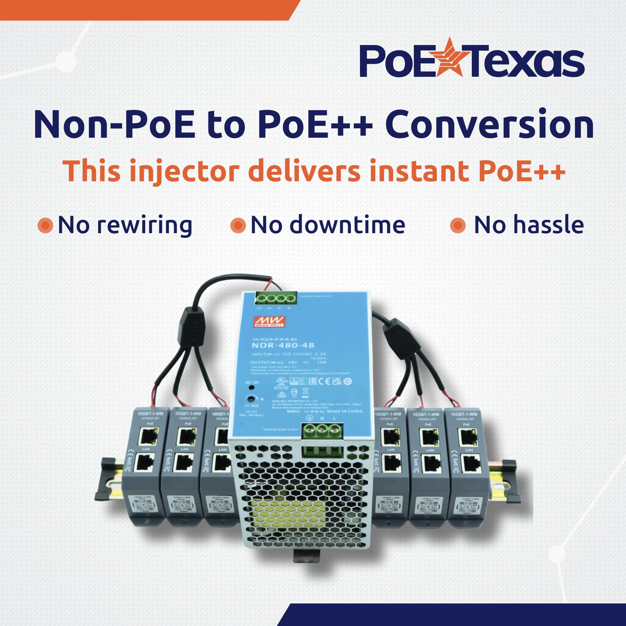 PoE Texas Injecteur Midspan PoE++ 6 ports 10 Gigabit avec alimentation 48 V 480 W – Convertit les ports non PoE en PoE++ – Fournit des appareils de 90 W à 802,3 bt jusqu'à 100 m – Montage mural ou