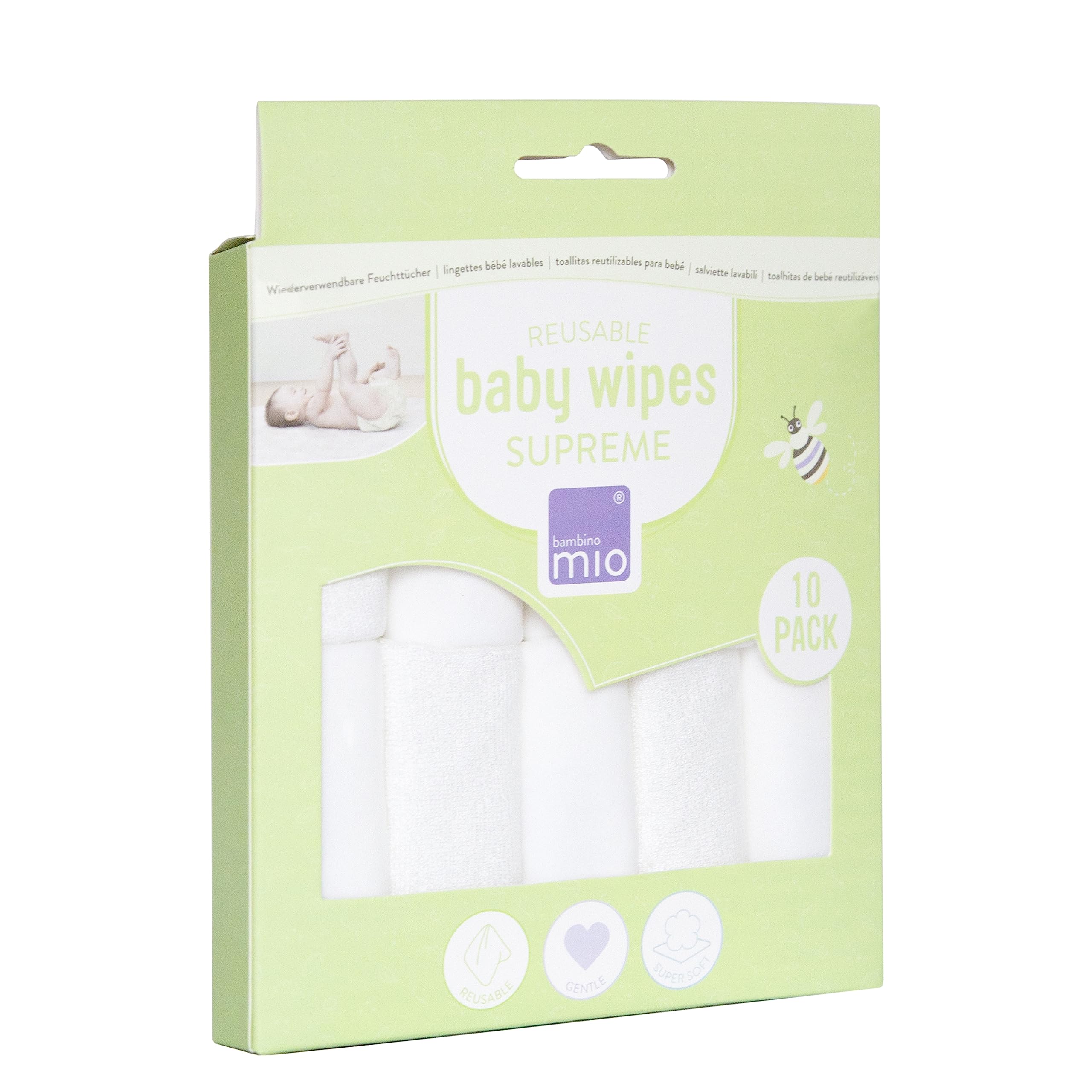 Bambino Mio, Lingettes bébé lavables Extra+, Saines, Zéro déchet, Deux utilisations, Lot de 10, Neige - L'emballage peut varier