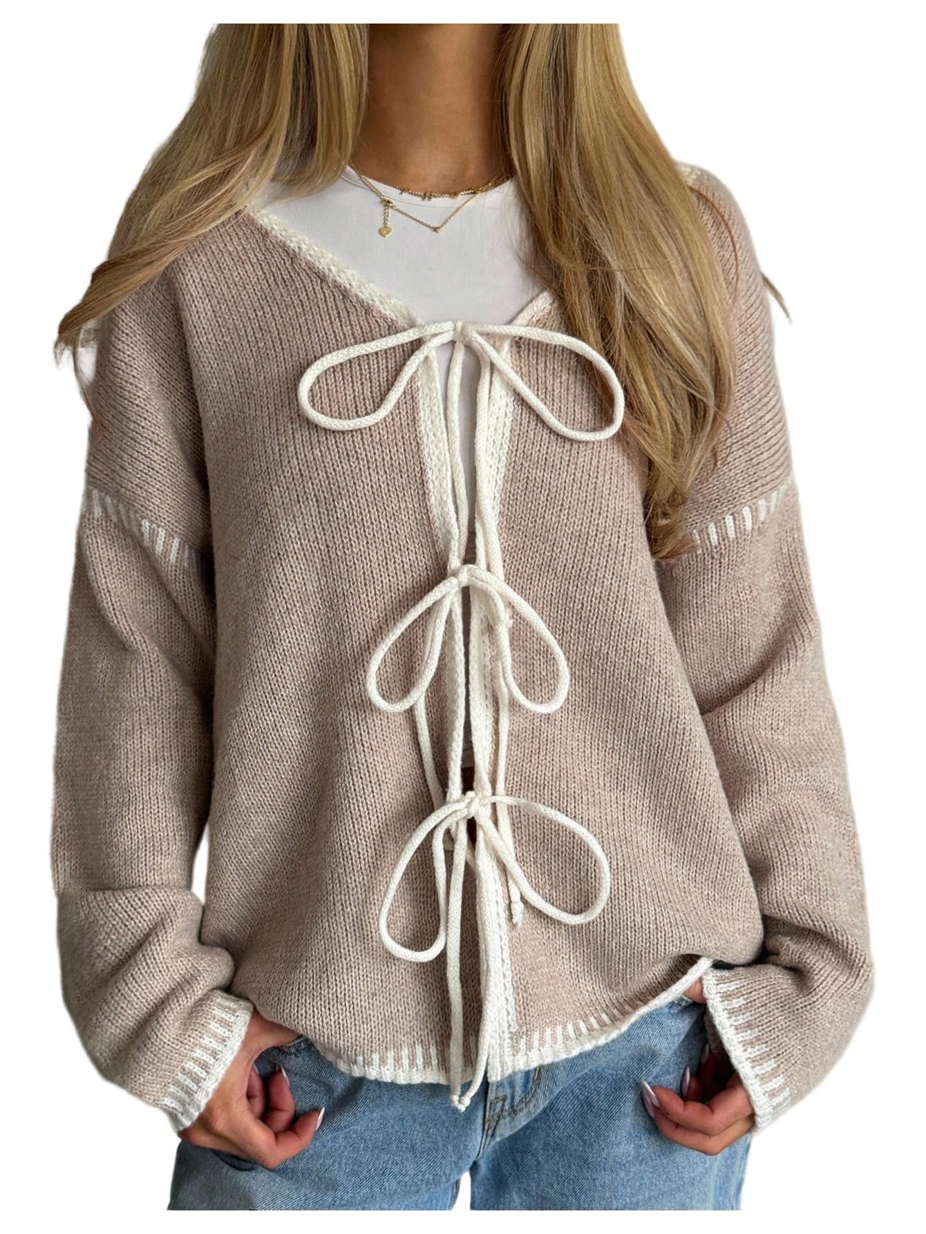 SHENHE Womens Tie Front Slouchy Cardigan Long Sleeve V Neck Bow Sweaters Knitted Outerwear