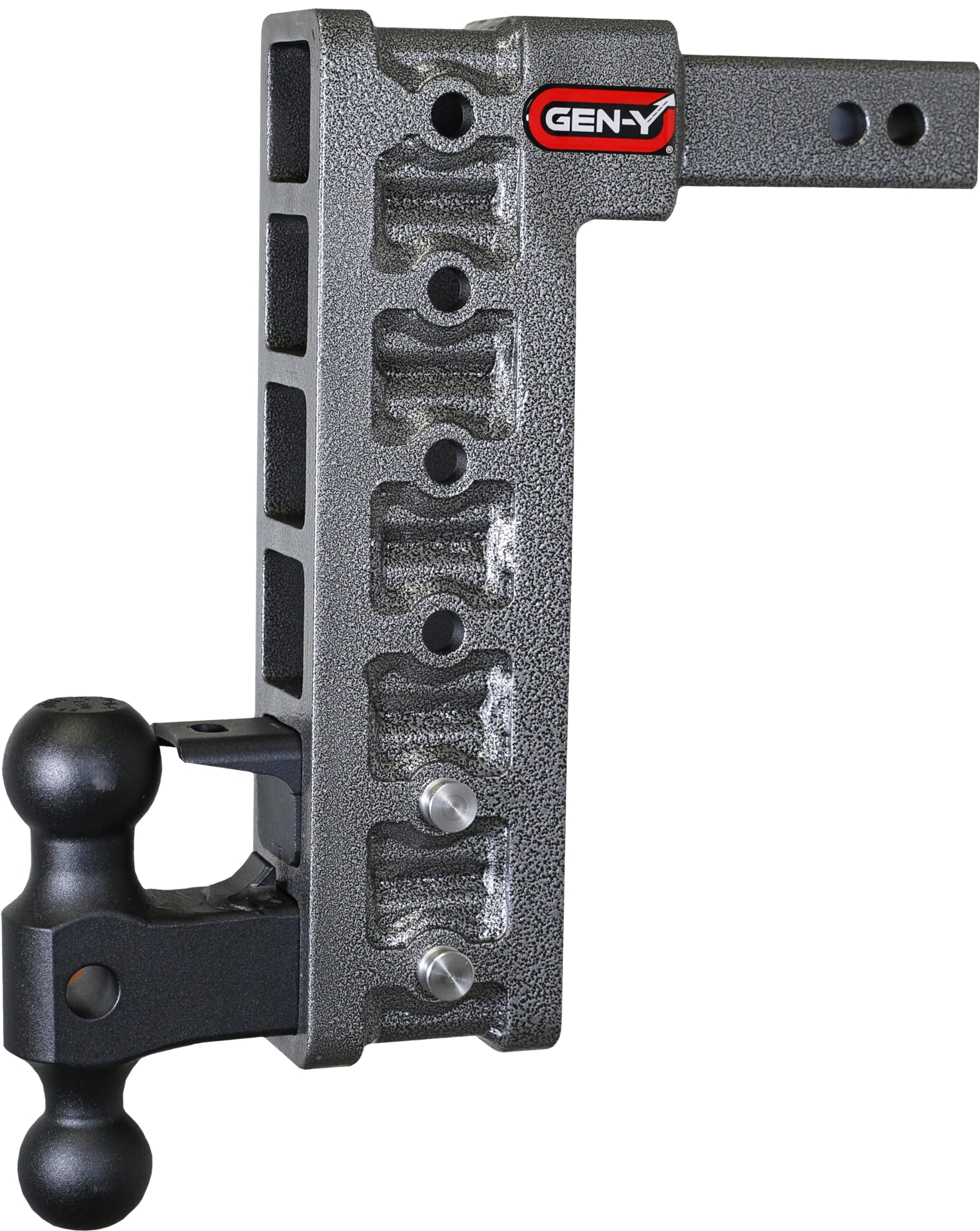 Gen-Y Mega-Duty Drop Hitch, 12.5" Drop, Fully Adjustable, 16000 lbs Towing Capacity, 2000 lbs Tongue Weight, Includes Dual Ball Mount Attachment - Pintle Lock - 2 Stainless Steel Pins, USA Made