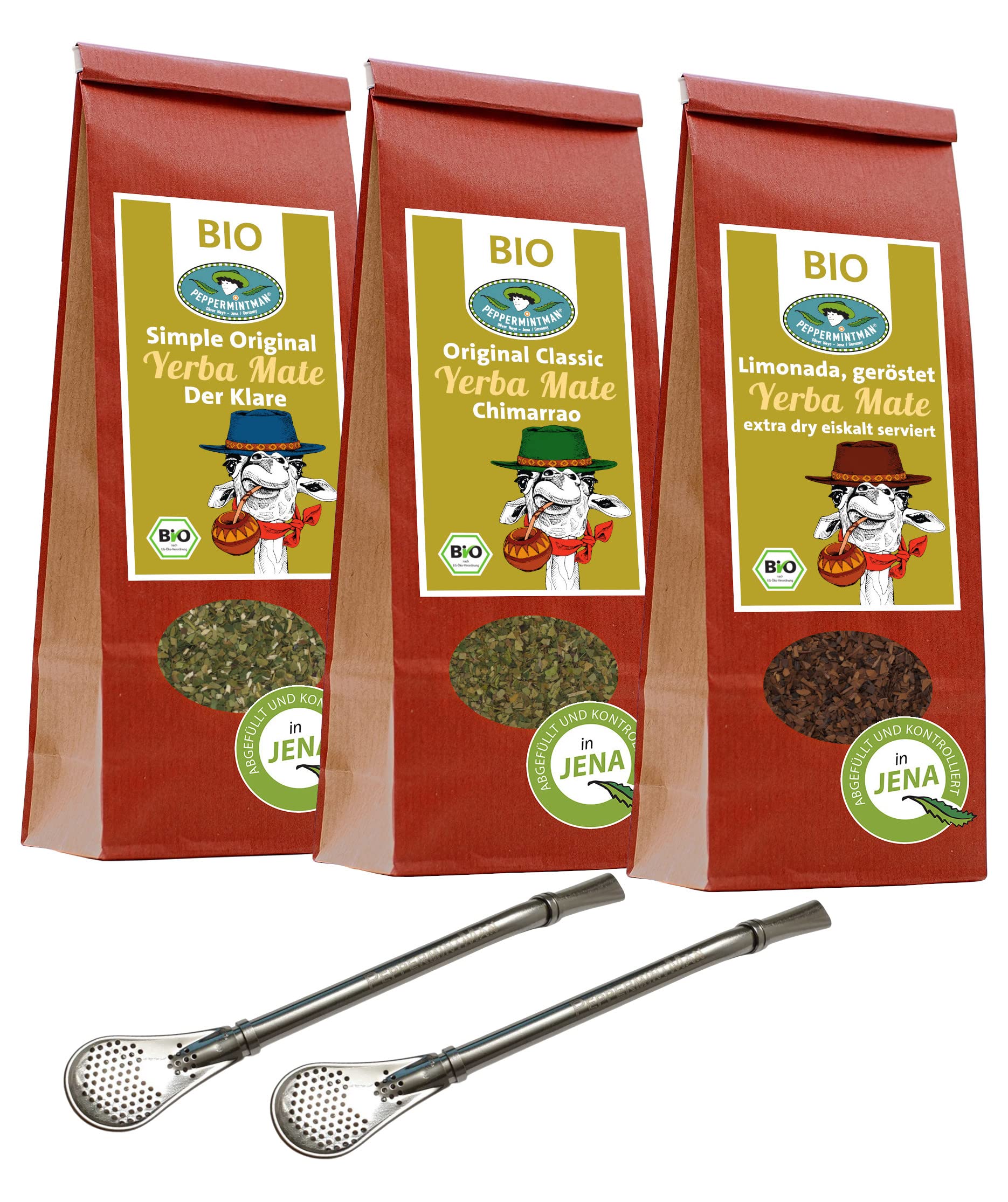 Bio Mate Set, 3 x 1000 g - Green Chimarrao, Roasted Medium Cut & Green Medium Cut wraz z 2 x bombilla gratis - od brazylijskiego zakładu rodzinnego - PeppermintMan