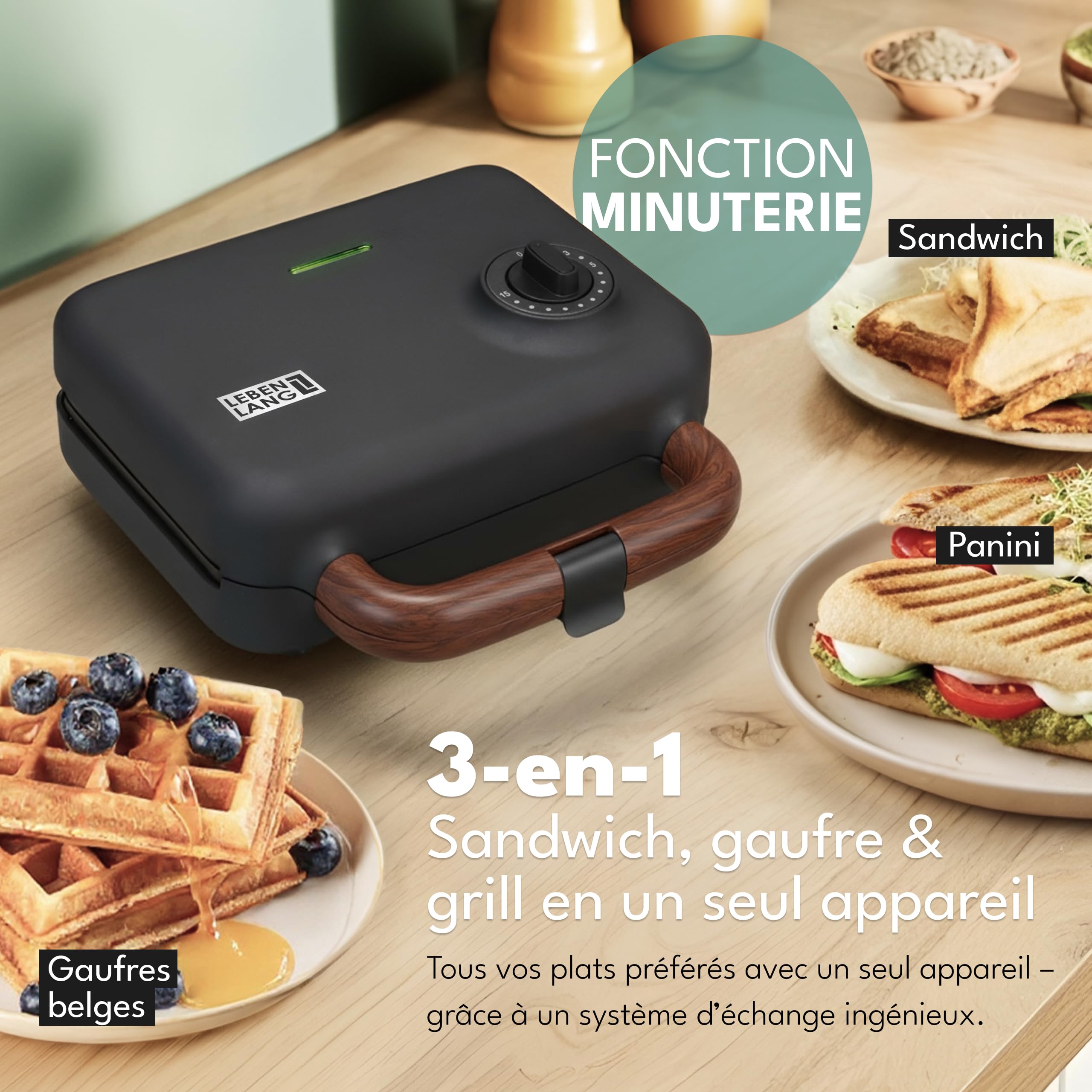 LEBENLANG Appareil a Croque Monsieur 3 en 1-750 W Avec 3 accessoires pour Grillades, Sandwichs & Gaufres I Appareil à Gauffre Croquemonsieur Machine panini Gaufrier Croque Monsieur Gauffrier