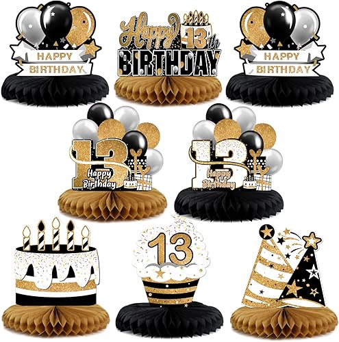 Miniatura 1 de LINGTEER Juego de centros de mesa de papel negro y dorado de feliz cumpleaños 13, 8 piezas de globos de estrella de pastel de trece años de