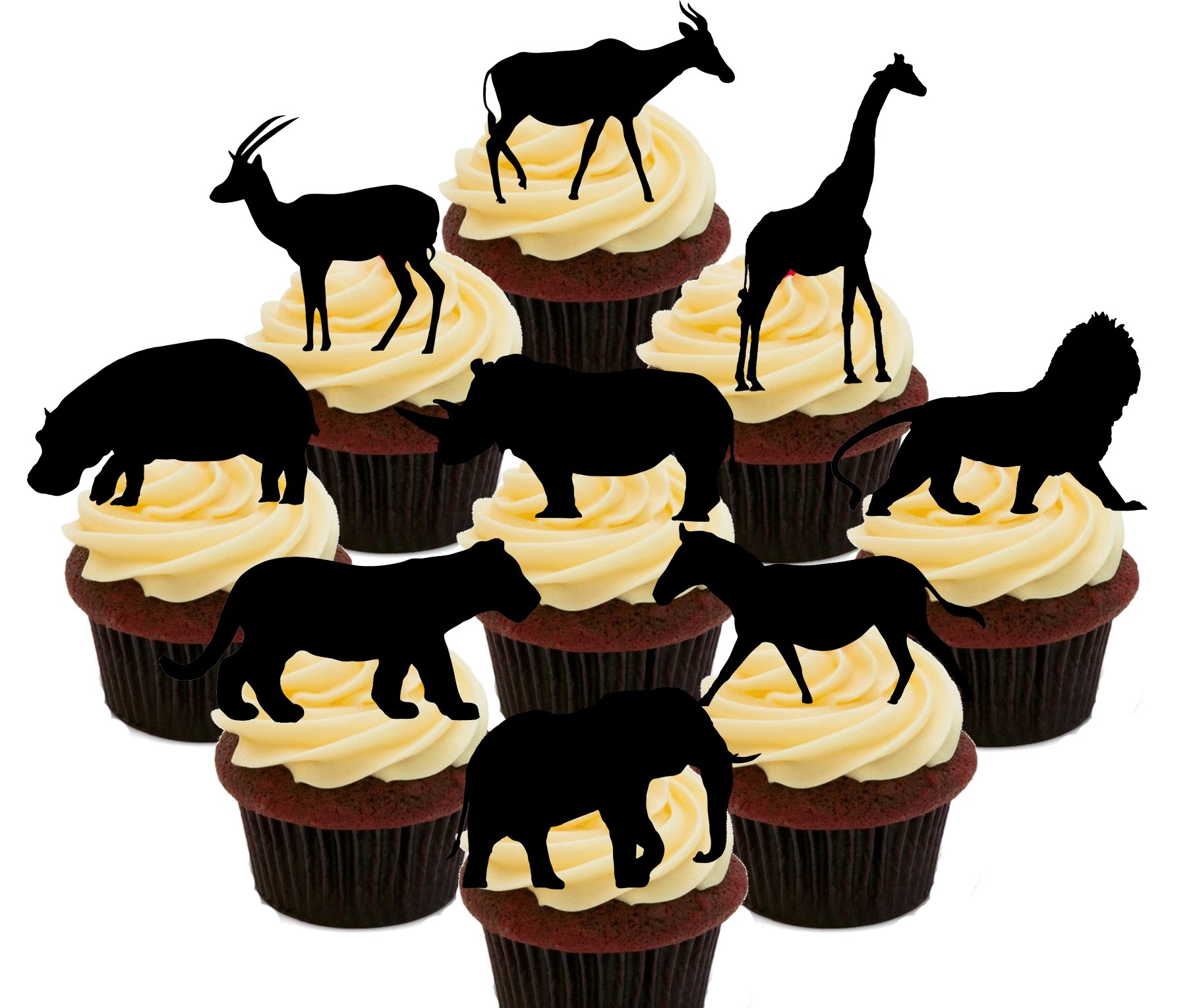 Made4You African Animals/Safari Silhouettes Party Pack, Edible Cupcake Toppers - Stand-up Wafer Cake Decorations (Pack of 36)