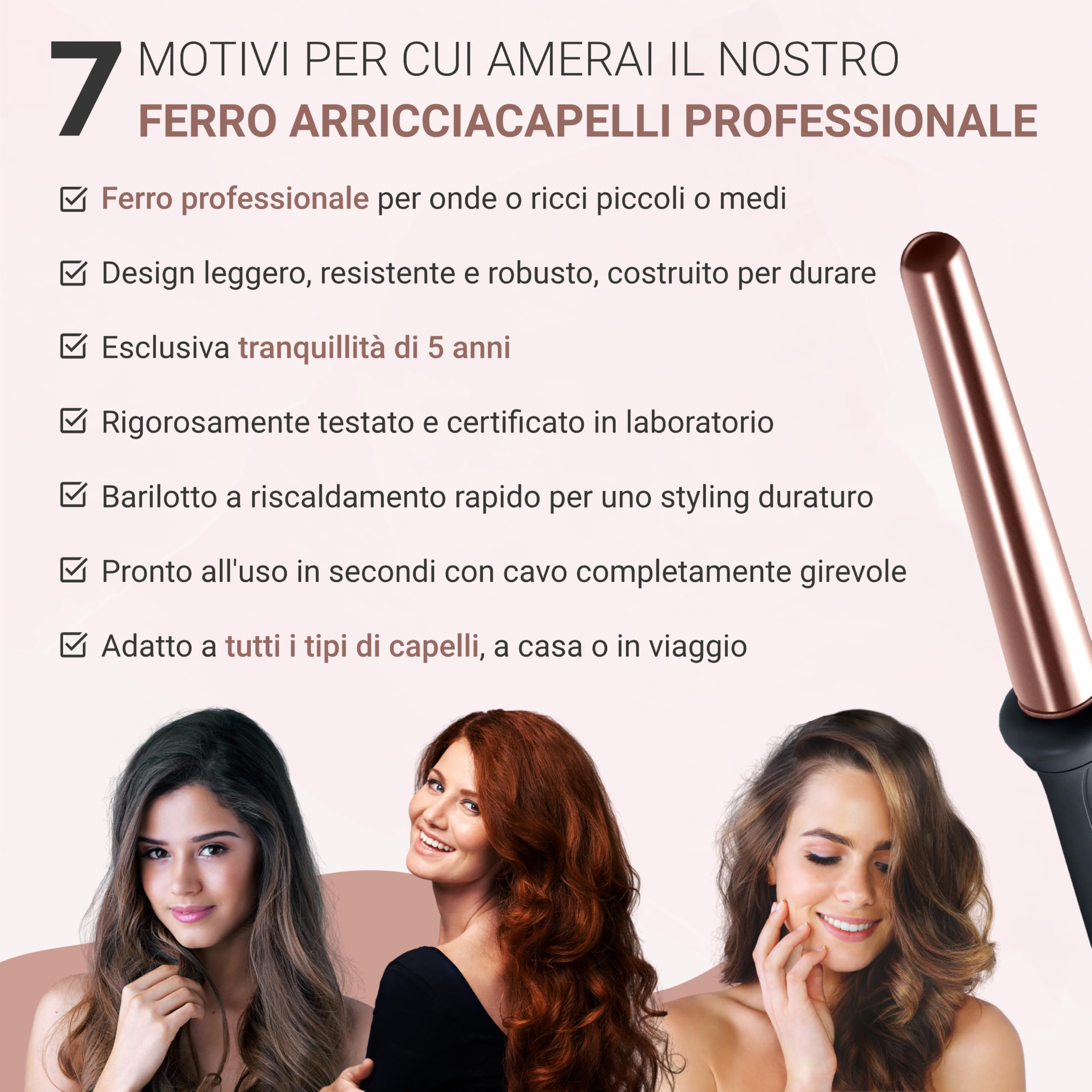 Golden Curl Arricciacapelli Professionale - 5 Anni di Tranquillità - Ferro Arricciacapelli con Barilotto in Ceramica Tormalina per Onde e Ricci per Capelli Corti e Lunghi (Oro Rosa)