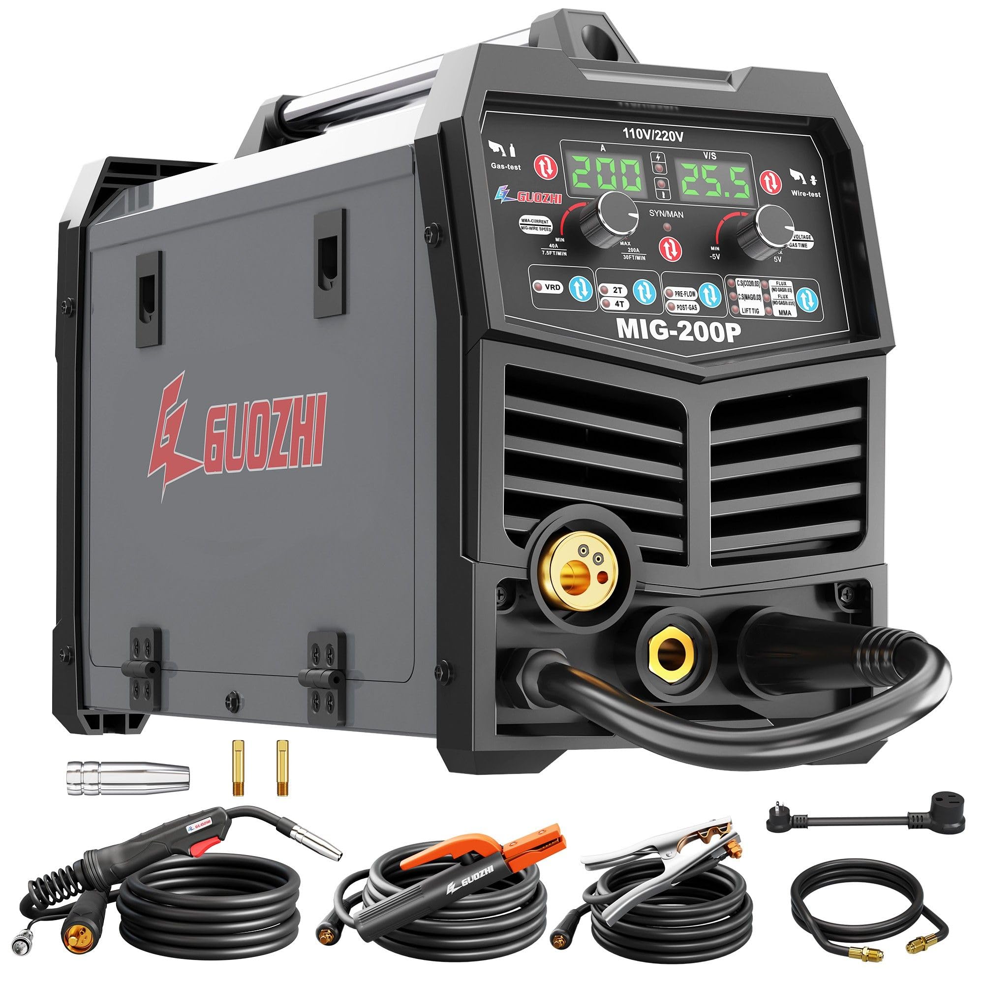 GZ GUOZHI 200A MIG Welder, 6 in 1 Gas MIG/Gasless Flux Core MIG/Lift TIG/Stick/Spot Welding/Spool Gun Multi-Process, Dual Voltage 110V/115V or 220V/230V Welding Machine