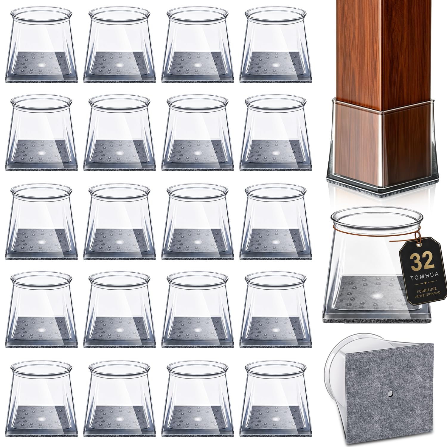TOMHUA 32 Stück Stuhlbeinkappen Eckig,Silikon Schutzkappen für Stuhlbeine | Stuhlbeinschoner Transparent für Hartholzböden,Kein Lärm Kein Kratzer(Fit:39-47mm)