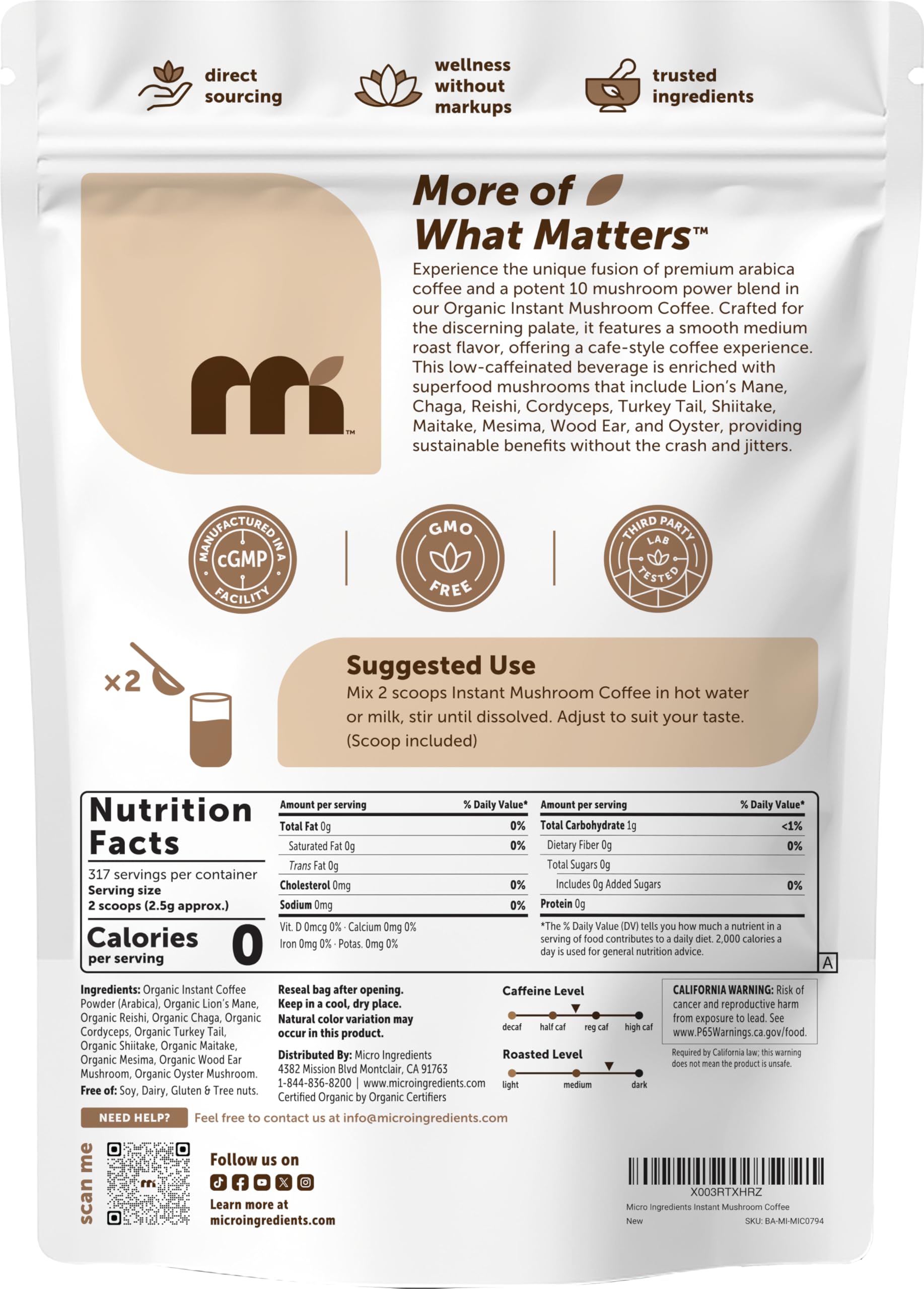 Micro Ingredients Organic Instant 10 in 1 Mushroom Coffee Powder 28 Ounce 317 Servings Premium Arabica Coffee with — view 7