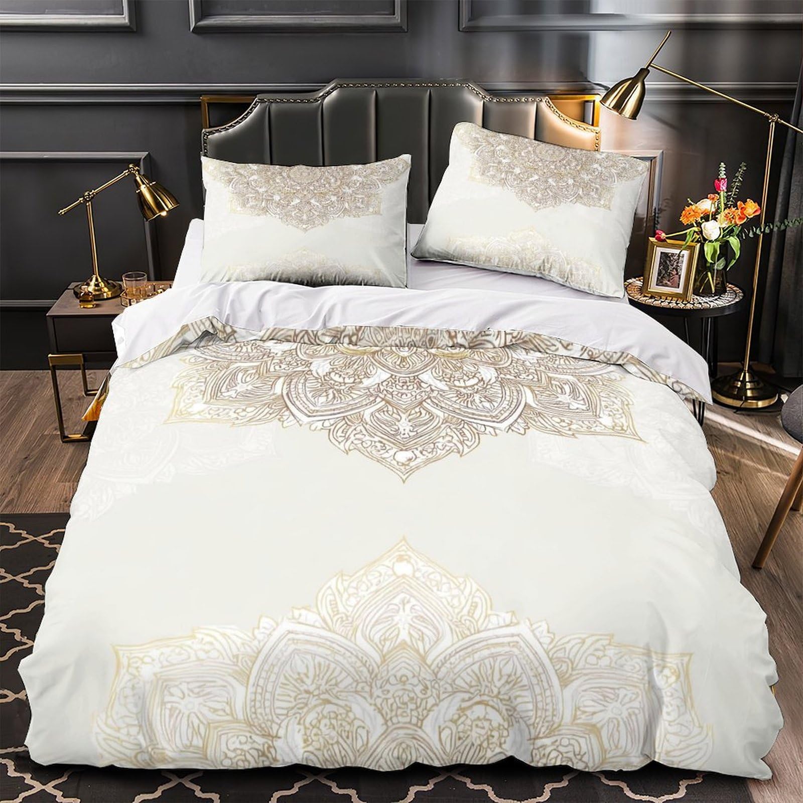 MMDASBVPE Ornate Floral Design Duvet Cover 3D Print Premium 3 Pcs Bed Linen Hidden Zipper Gold Mandala Quilt Cover Luxurious Breathable for Kids Adults Women Teens Youth Girls Boys King（220x240cm）