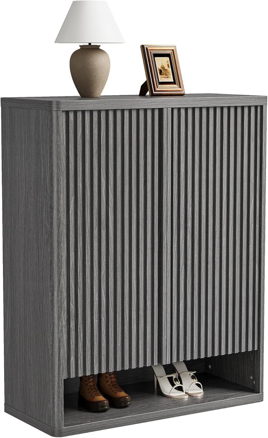Garvee 31.5 Inch Shoe Cabinet, Large Shoe Storage Cabinet with Adjustable Shelves, Wooden Shoe Organizer with Fluted Door Holds 25–30 Pairs for Entryway & Living Room,Grey