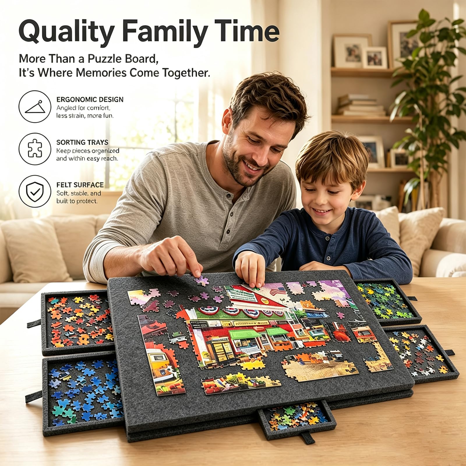 Deska do puzzli 2 w 1 na 1000 elementów z 6 szufladami, uchylny i składany stół do puzzli z filcu z pokrywą i stojakiem, przenośna teczka do przechowywania puzzli (czarna)