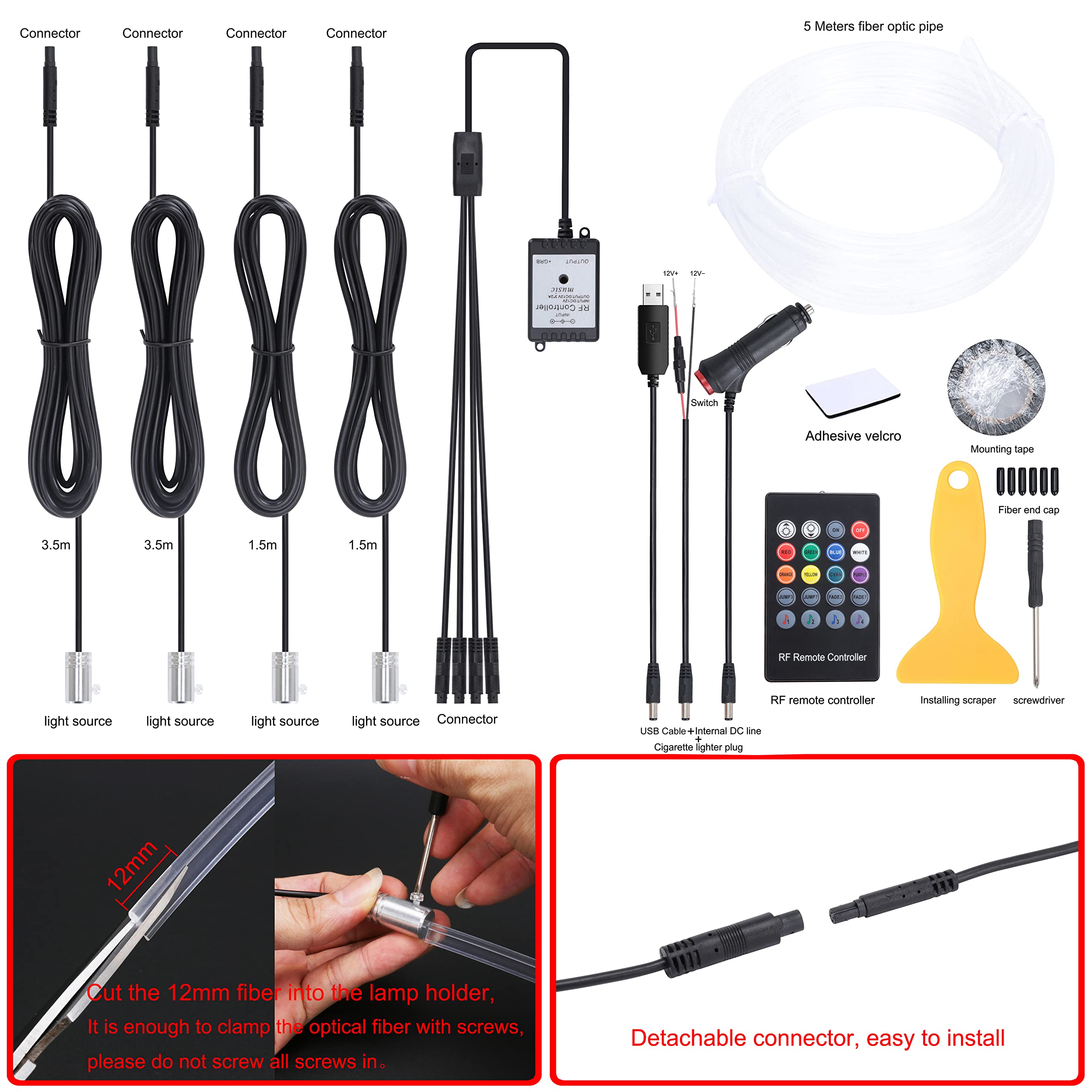 QAUBEN Car Ambient Lighting Optic Fiber Cable 8 Colors Music Sound Active with RF Remote Control Car Decorative Atmosphere Lighting Kit DC 12V 1W 5m