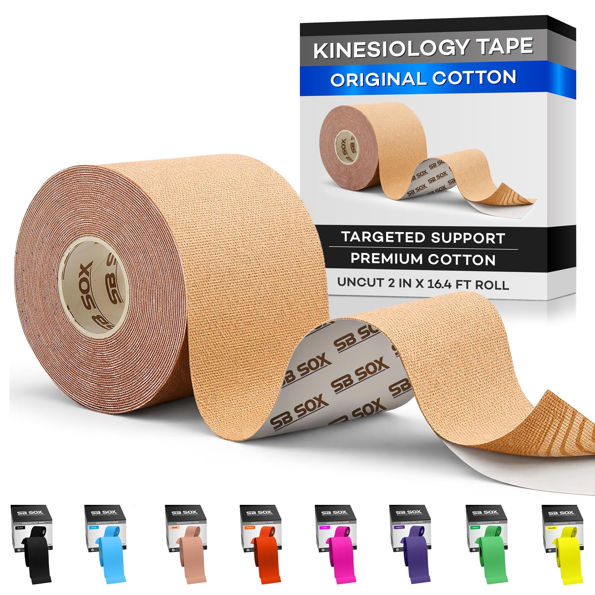 SB SOX Original Cotton Kinesiology Tape Roll – Best Latex Free Athletic Tape for Muscles/Joints – Waterproof, Stretchy, and Gentle on Skin (16ft)