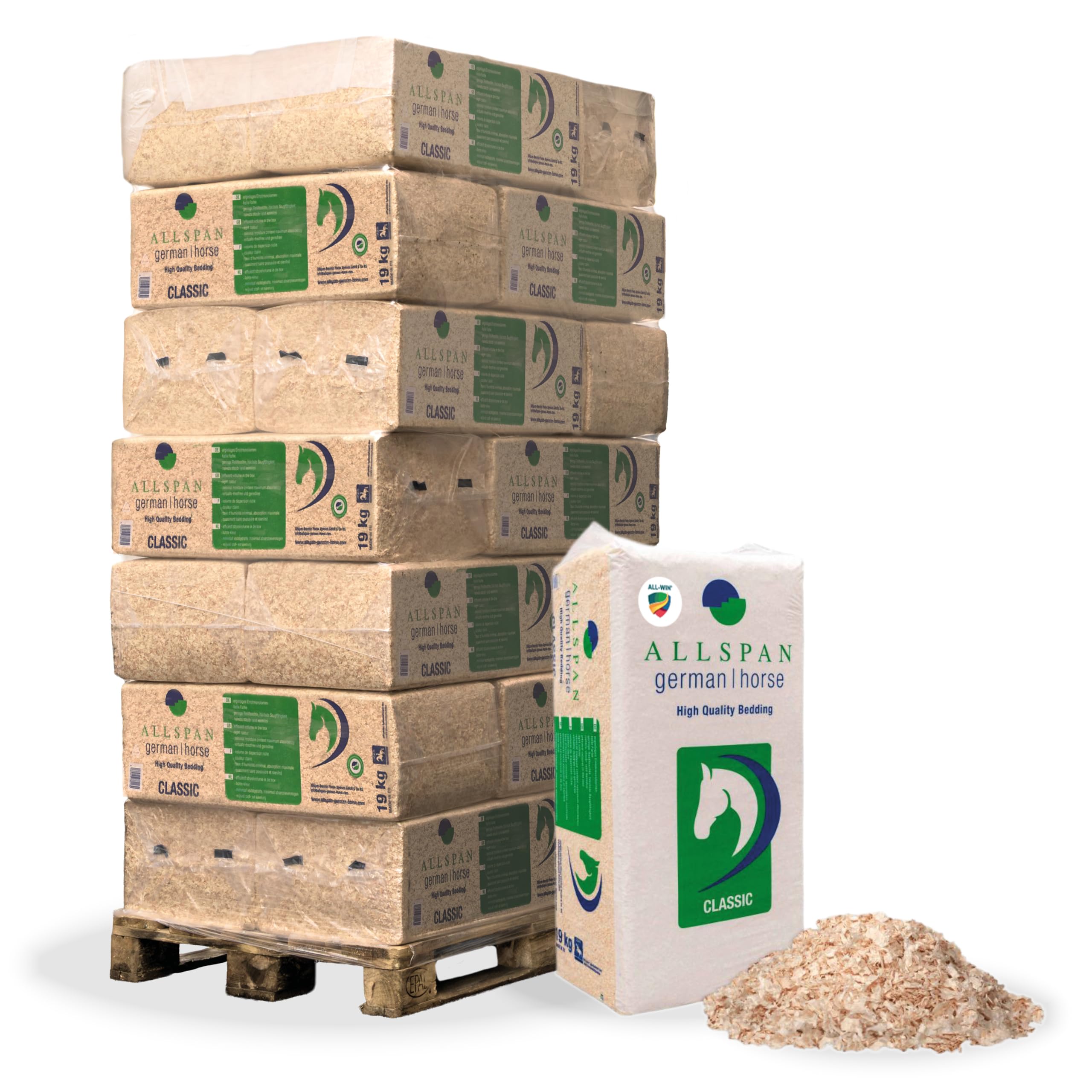 ALL-WIN | Allspan German Horse Classic 19 kg – Palette 21x | Hochwertiges Weichholz-Einstreu | Staubarm, saugstark & hygienisch | Ideal für Pferdeboxen, Hühner, Kaninchen, Hamster & andere Kleintiere