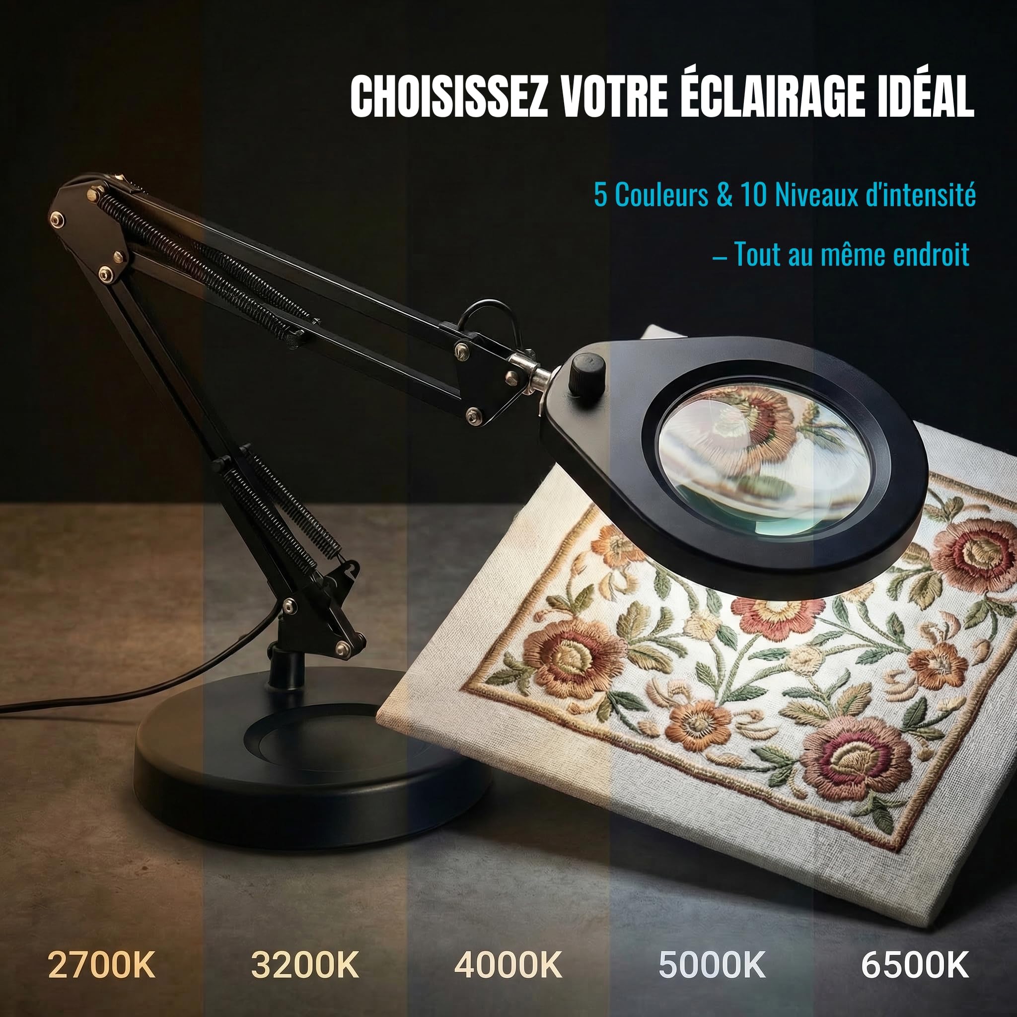 Lampe Loupe avec Socle et Pince, Loupe Éclairée 105 mm 5X, Lumière Dimmable (5 Couleurs, 10 Niveaux, 790 LM), Bras Pivotant Réglable - Mains Libres pour Travaux de Précision