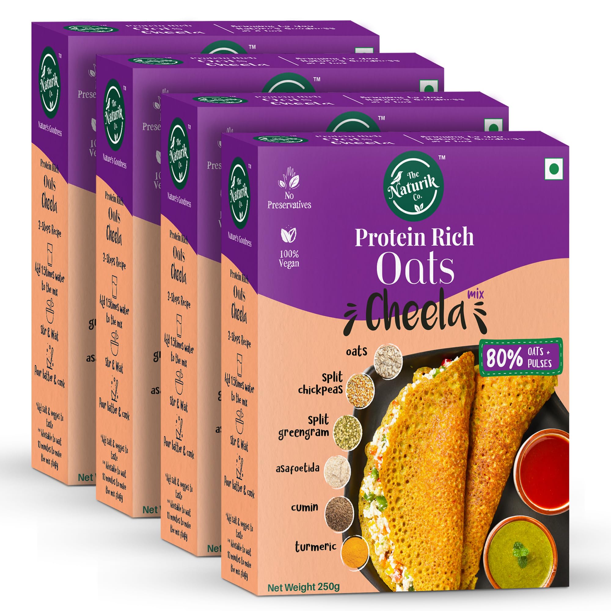 The Naturik Co. Oats Chilla Mix 250 grams (Pack Of 4) : Instant, Ready-to-Cook Cheela & Dosa Mix with 80% Oats & Pulses, Healthy Breakfast Option for Kids & Family | As Seen On Shark Tank