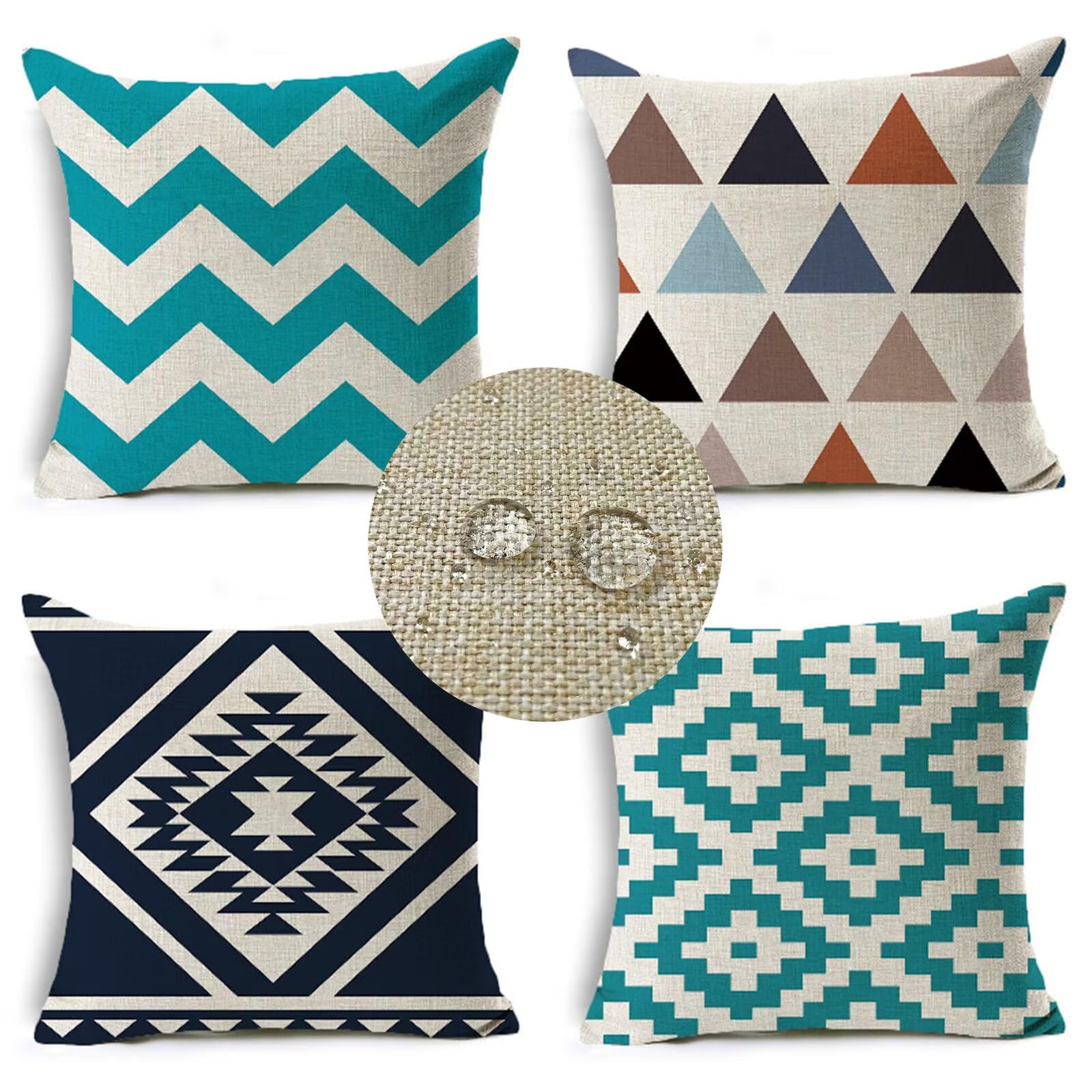Juego de 4 Funda Cojin 80x80cm Fundas Cojines Sofa Sencillo Doble Cara Lino Cojines Exterior Impermeable Geometría Cuadrado Funda de Almohada para Sofá Coche Cama Sillas Cojines Decorativos S-7326
