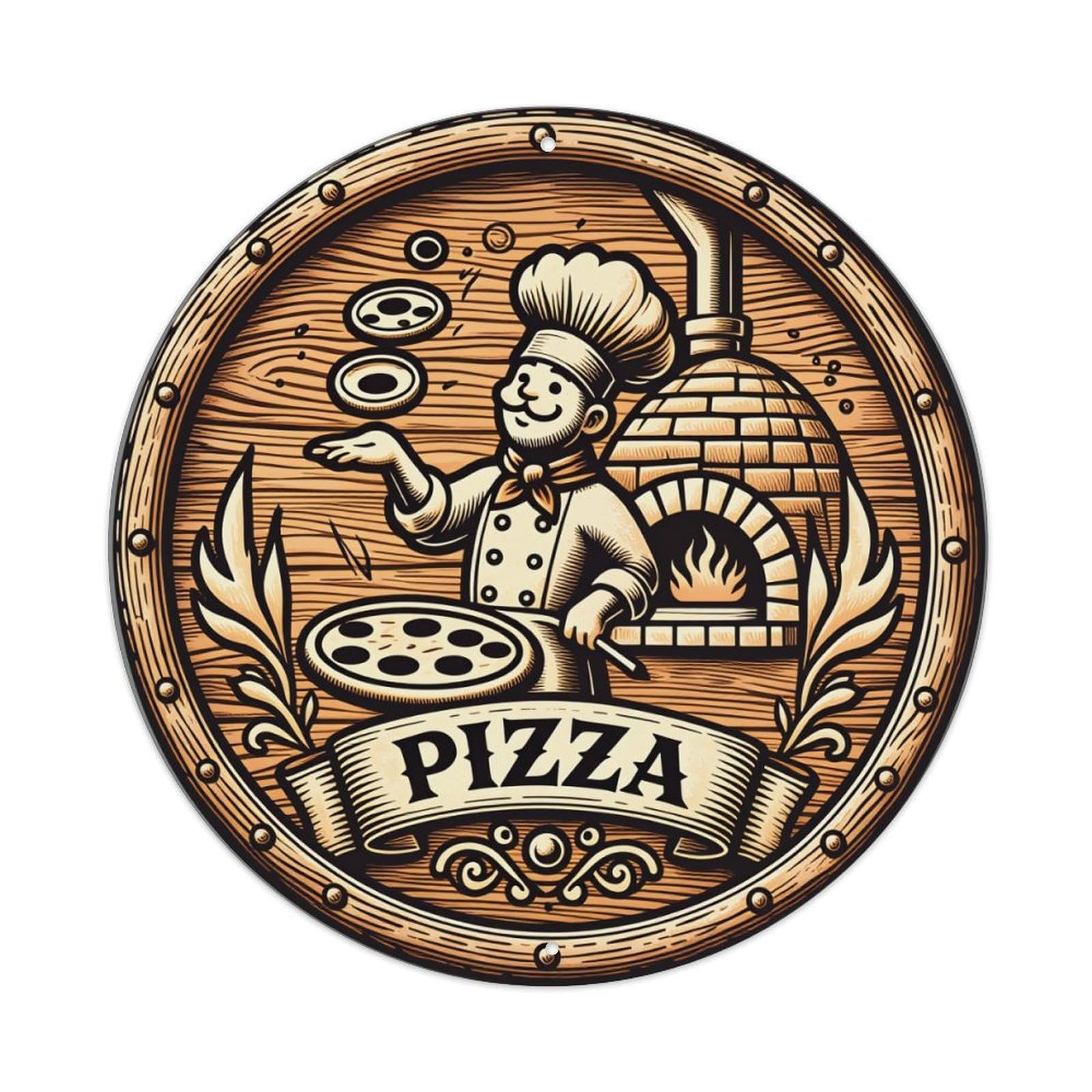 Chef Pizza Oven Round Tin Sign Vintage Metal Poster, Home Bar Garage Man Cave Cafe Indoor & Outdoor Wall Decoration 8x8Inches