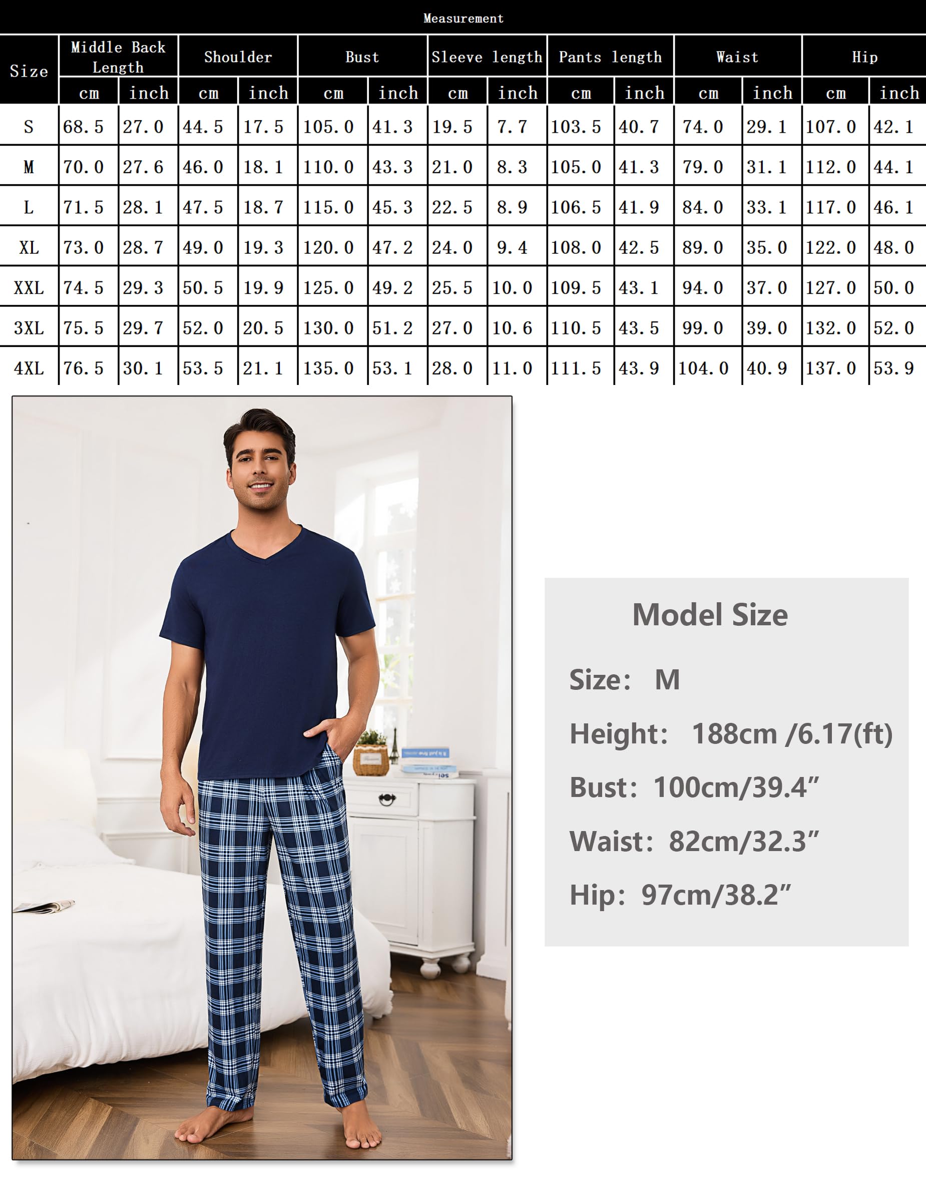 Bresdk Pijama Hombre Invierno Algodón Conjunto de Pijamas Manga Corta Tops con Largos Pantalones a Cuadros Ropa de Dormir con Bolsillos y Cordón S-3XL