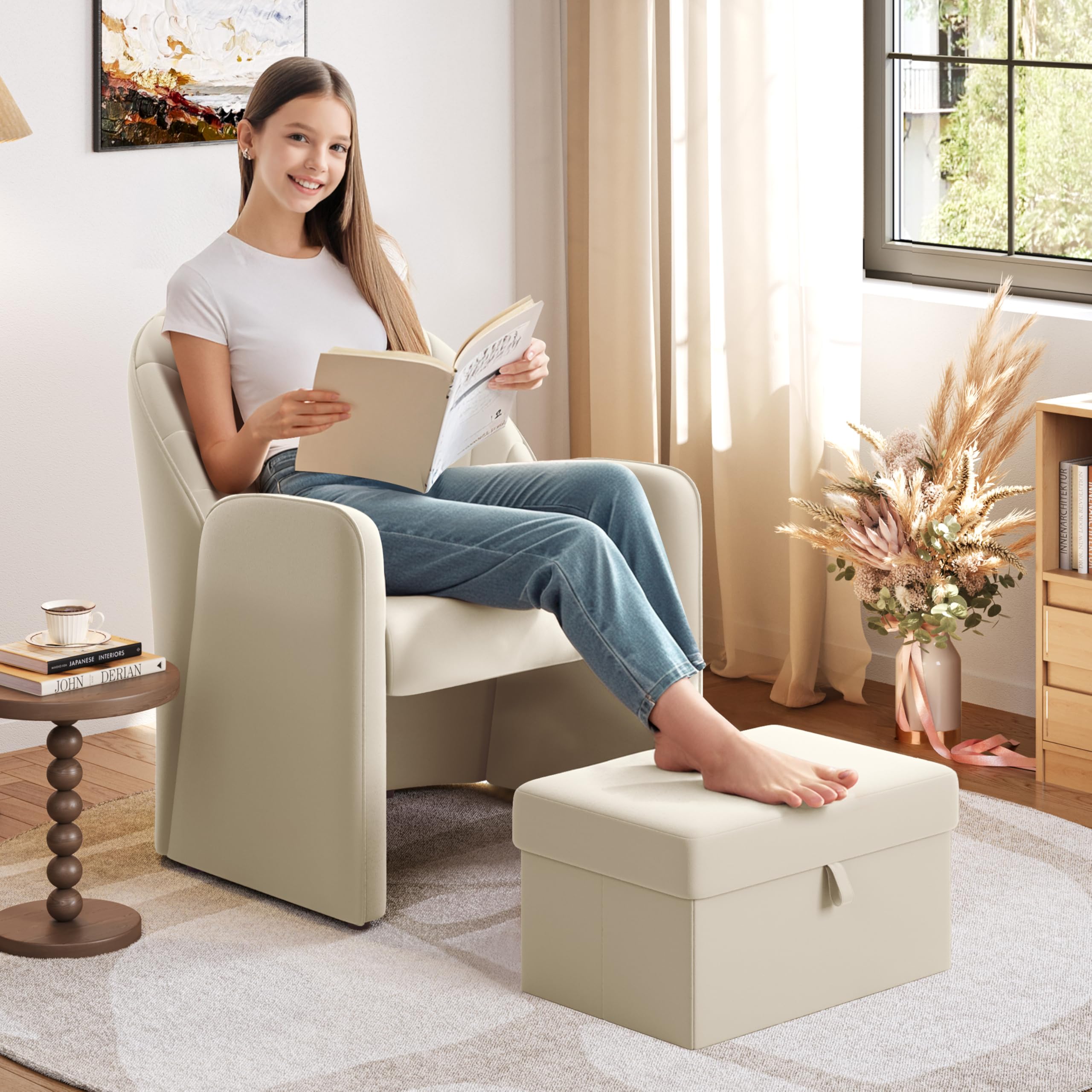 Yaheetech Sessel mit Hocker mit Stauraum, Bequemer Ohrensessel Wohnzimmer mit Rückenkissen, Relaxsessel Samt in Blütenblattform, Lounge Sessel für Büro/Schlafzimmer, Beige