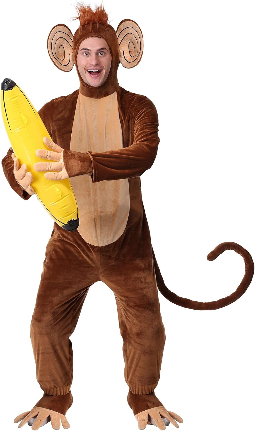 Adult Plus Size Funky Monkey Costume | Jumpsuit with Attached Hood with Ears & Bendable Tail, Foot Covers and Gloves - Image 2