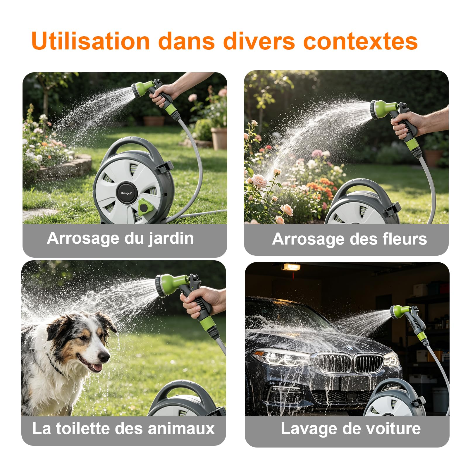 Ibegrif M22220 Enrouleur de tuyau d'arrosage 10m Avec Pistolet d'arrosage à 8 Fonctions, Portable et Facile à Ranger, Gris/Vert