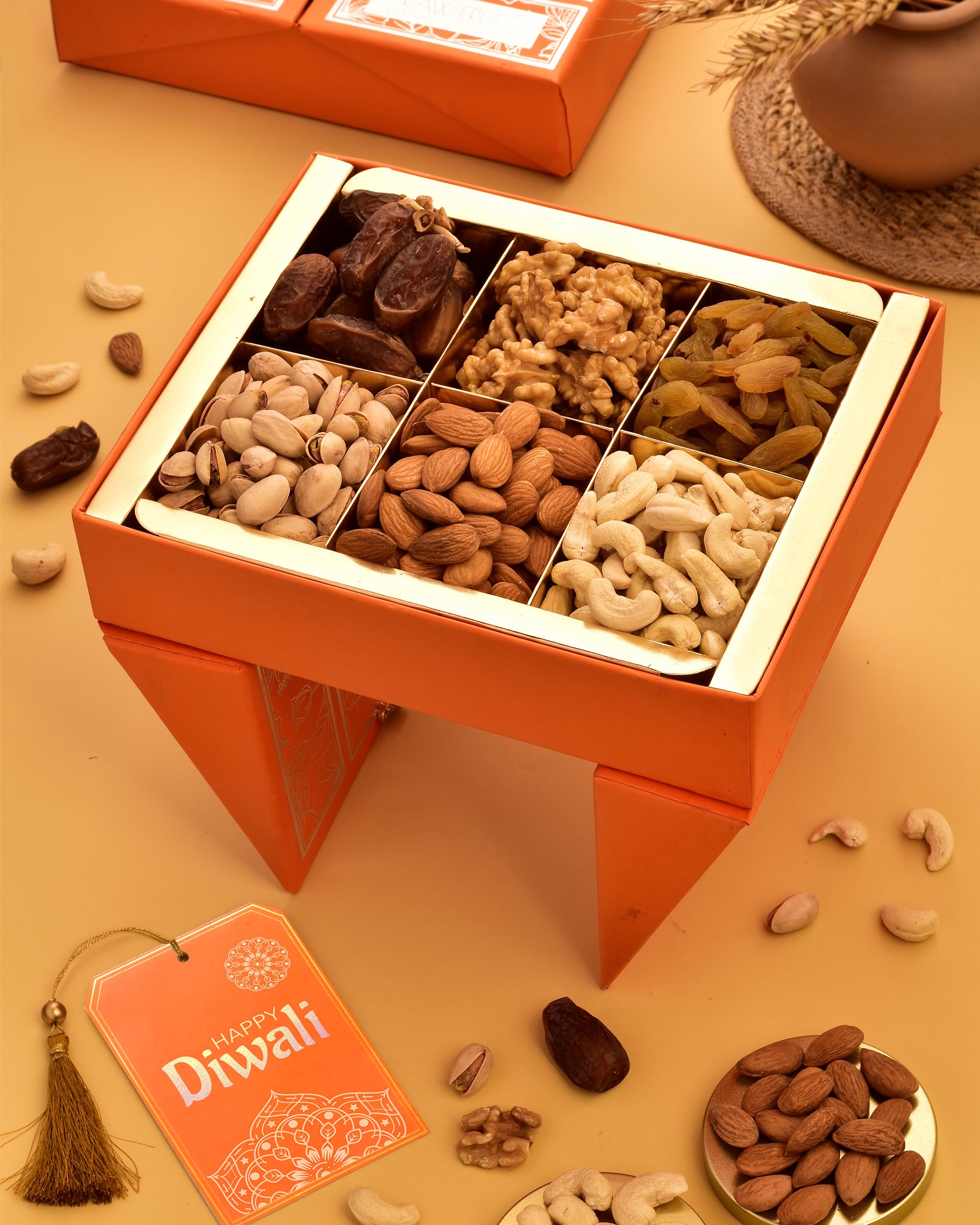 Hyperfoods Diwali Gift Hamper Diwali Dryfruit Gift Box Diwali Gifts Diwali Gift Items For Family And Friends Diwali Gift Hampers For Employees Orange Stand Box Cashew Almond Raisins Walnut Pistachio