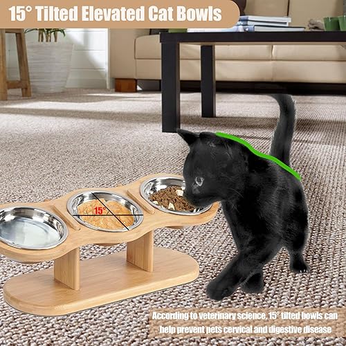 Miniatura 3 de Cuenco elevado para comida para gatos, soporte elevado para alimentación de perros con 5 cuencos de acero inoxidable, 15 diseños inclinados para