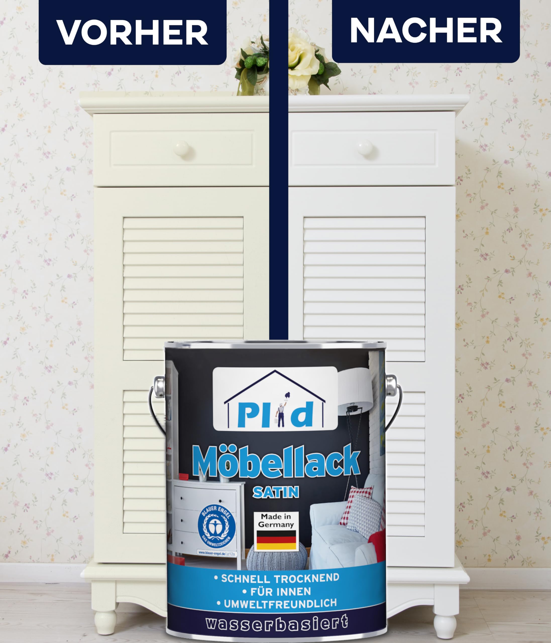 plid® Smalto per Mobili Lucido 2,25L Bianco - Per legno interno & esterno, sicuro per giocattoli, resistente alle intemperie - Protezione durevole per mobili e superfici in le