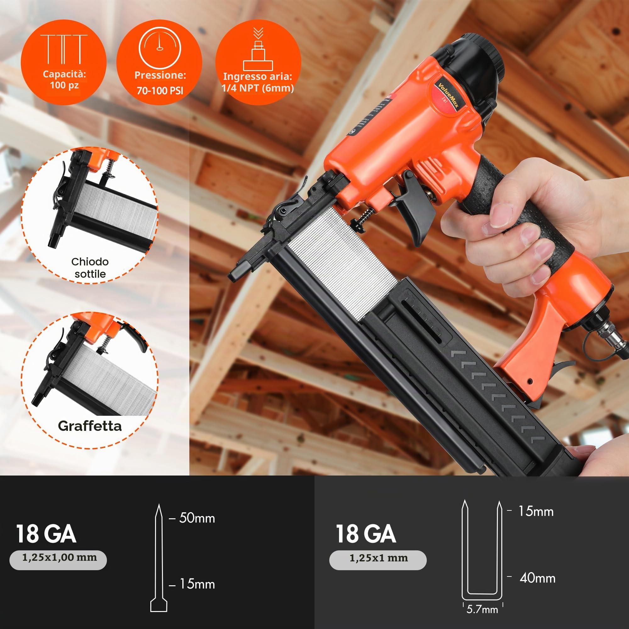 ValueMax Chiodatrice Pneumatica 2 in 1, Sparachiodi Aria Compressa con 200 Chiodi e 200 Graffette, Scarico dell'Aria 360° Orientabile, con Occhiali di Protezione e Custodia in Plastica Portatile