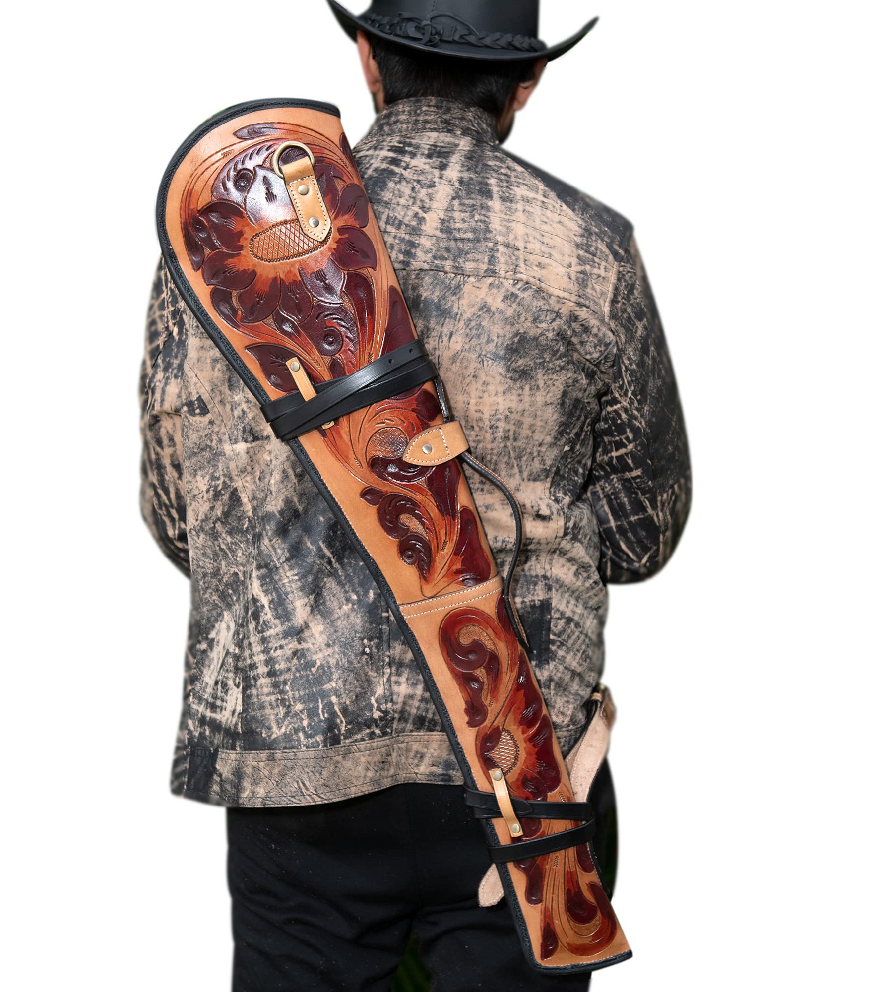 Hulara Real Leather Rifle Scabbard for Lever Action Rifle Case Shotgun Scabbard Carved Saddle Scabbard For Henry Big Boy Rifle With Padded Interior Protection