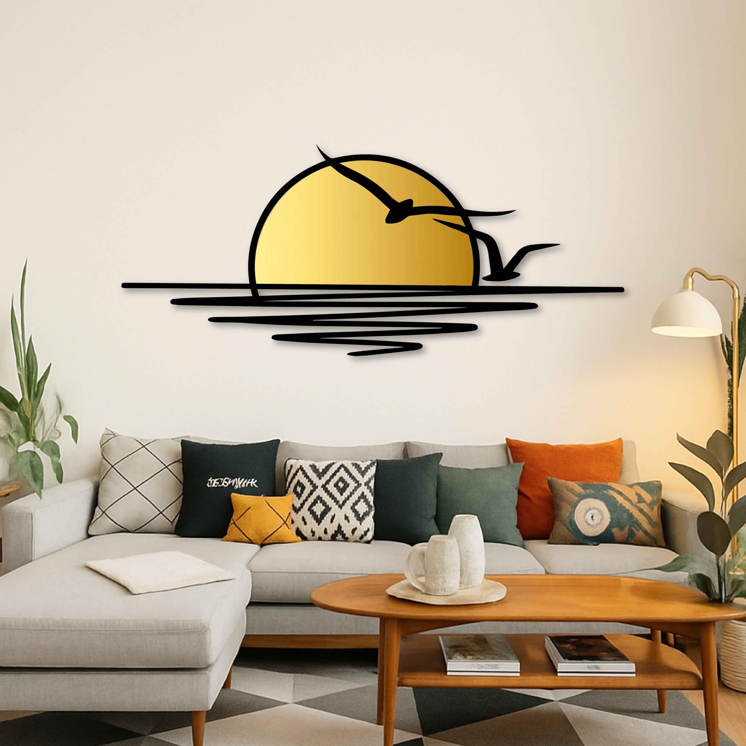 Decoración de pared de metal dorada con pájaros volando, decoración de pared extra grande con puesta de sol y gaviotas para patio, sala de estar o dormitorio, escultura de pared moderna de metal negro