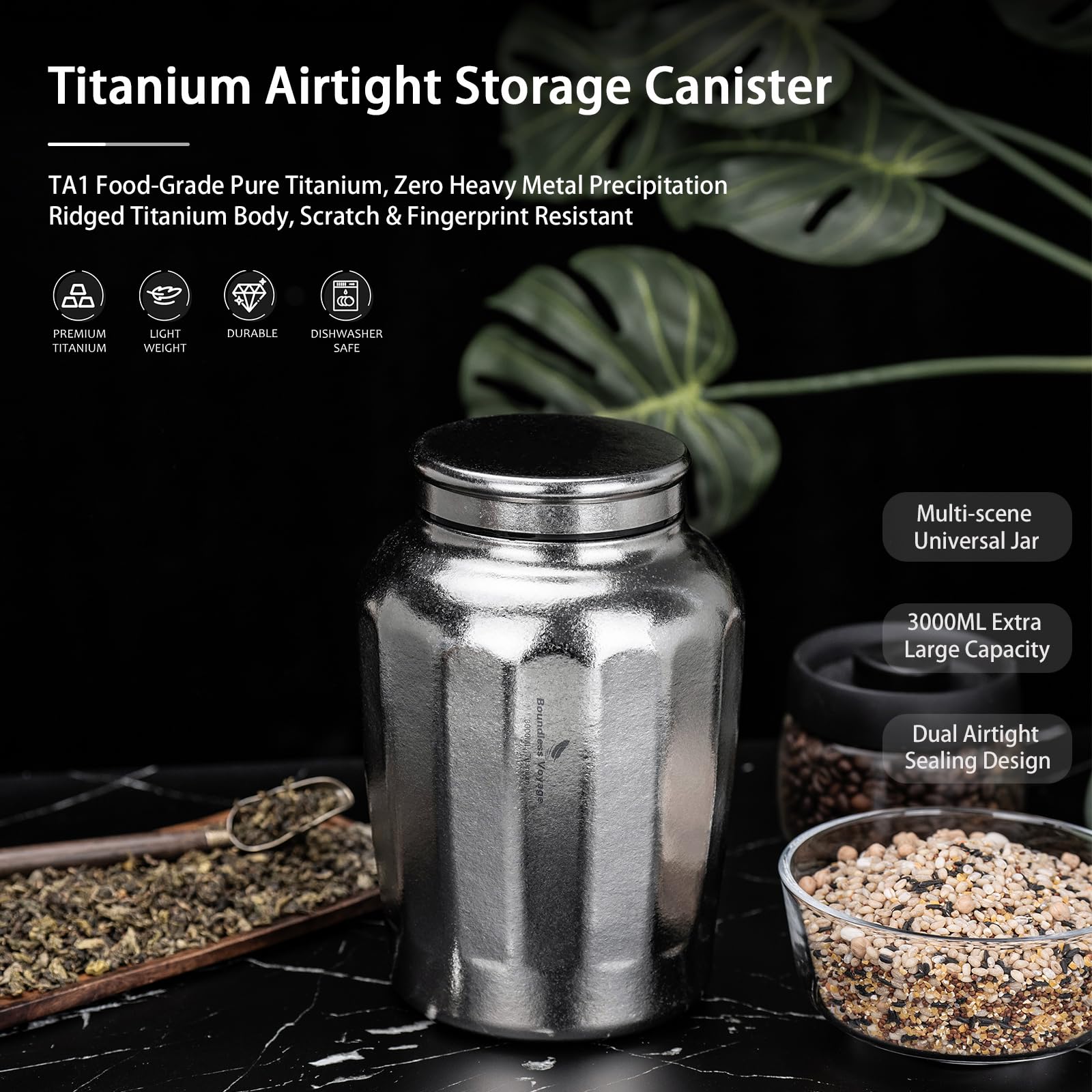 iBasingo Reiner Titan Vorratsbehälter 3L Großvolumen Teedose Ti3212A | mit Schraubdeckel, Leichter Luftdichter Behälter für Loser Tee, Kaffeebohnen, Trockenlebensmittel für Küche & Camping