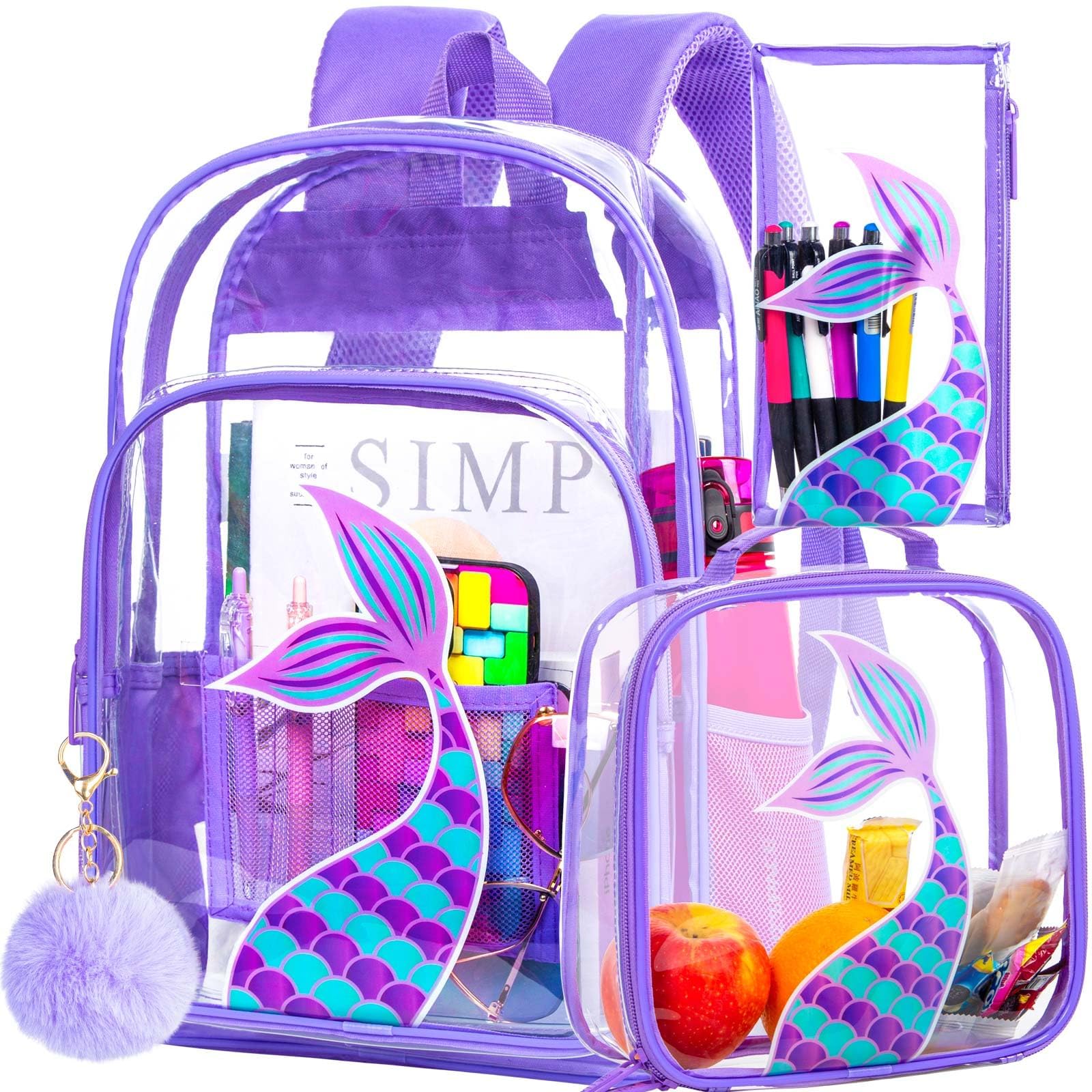 AGSDON 3PCS Clear Backpack for Girls, Kids Mermaid Transparent Bookbag Heavy Duty, Cute See Through Backpacks with Lunch Bag - Purple