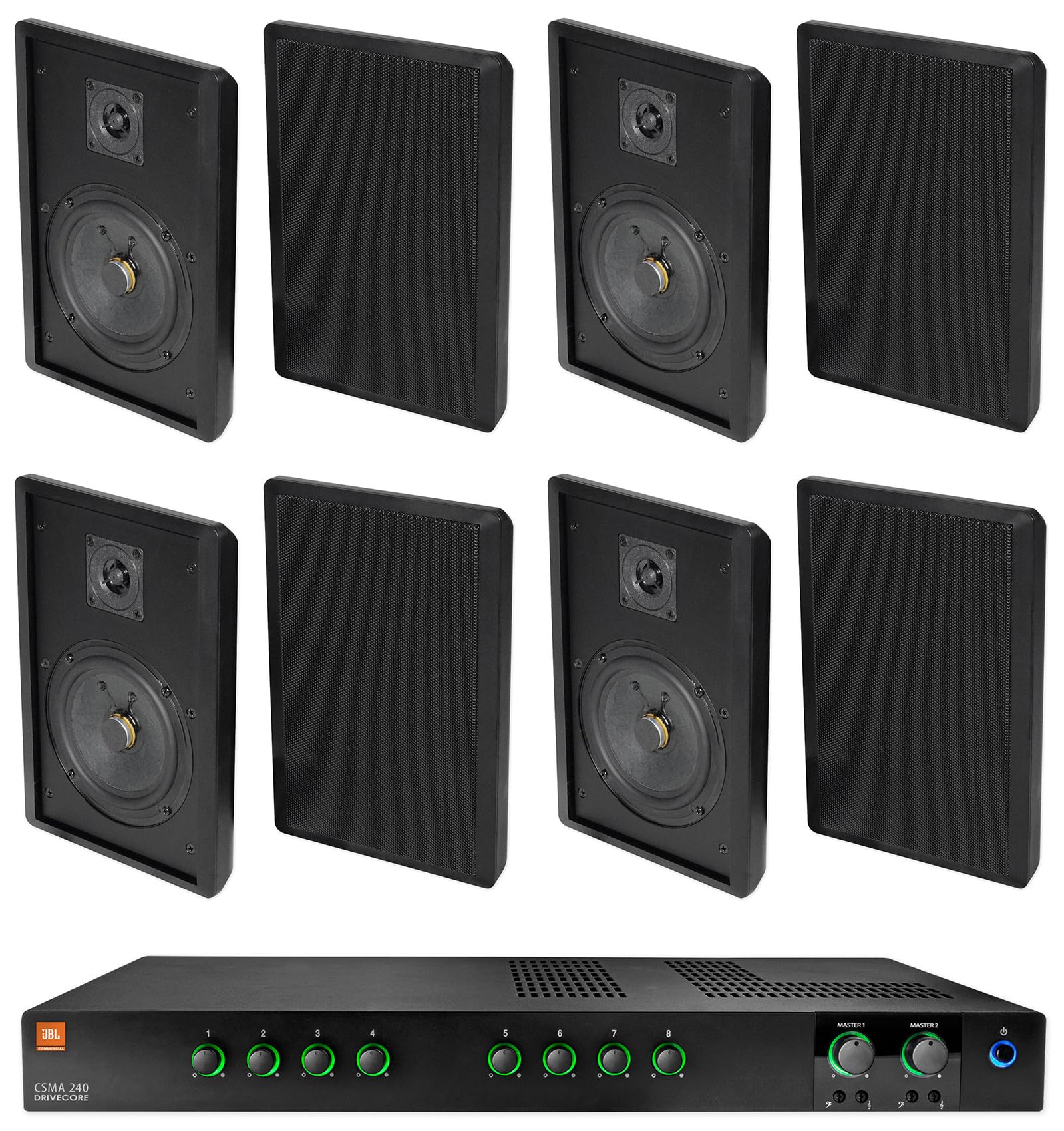 Audiosavings Bundle: JBI CSMA240 Commercial/Restaurant 2 x 40w Amplifier 4ohm/8ohm/70V/100V, 8 inputs Bundle with (4) Pair Rockville RockSlim 70B Black 5.25