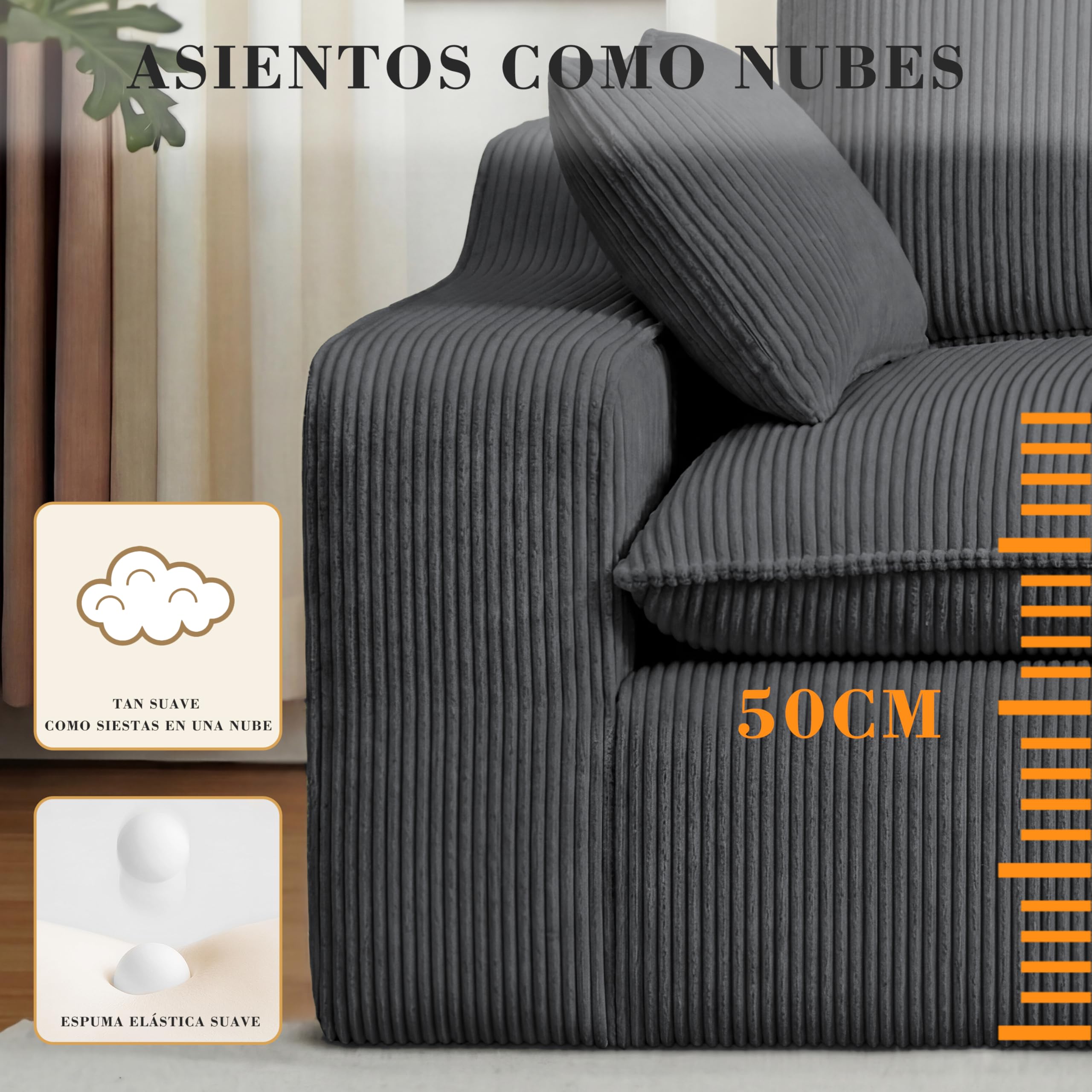 Vipbear Sofá Cama de 4 Plazas de 273 cm, Sofá de Salón en Forma de L, con Otomana Extraíble, Tapizado en Pana, Asiento Profundo y Chaise Longue, No Requiere Montaje, Gris