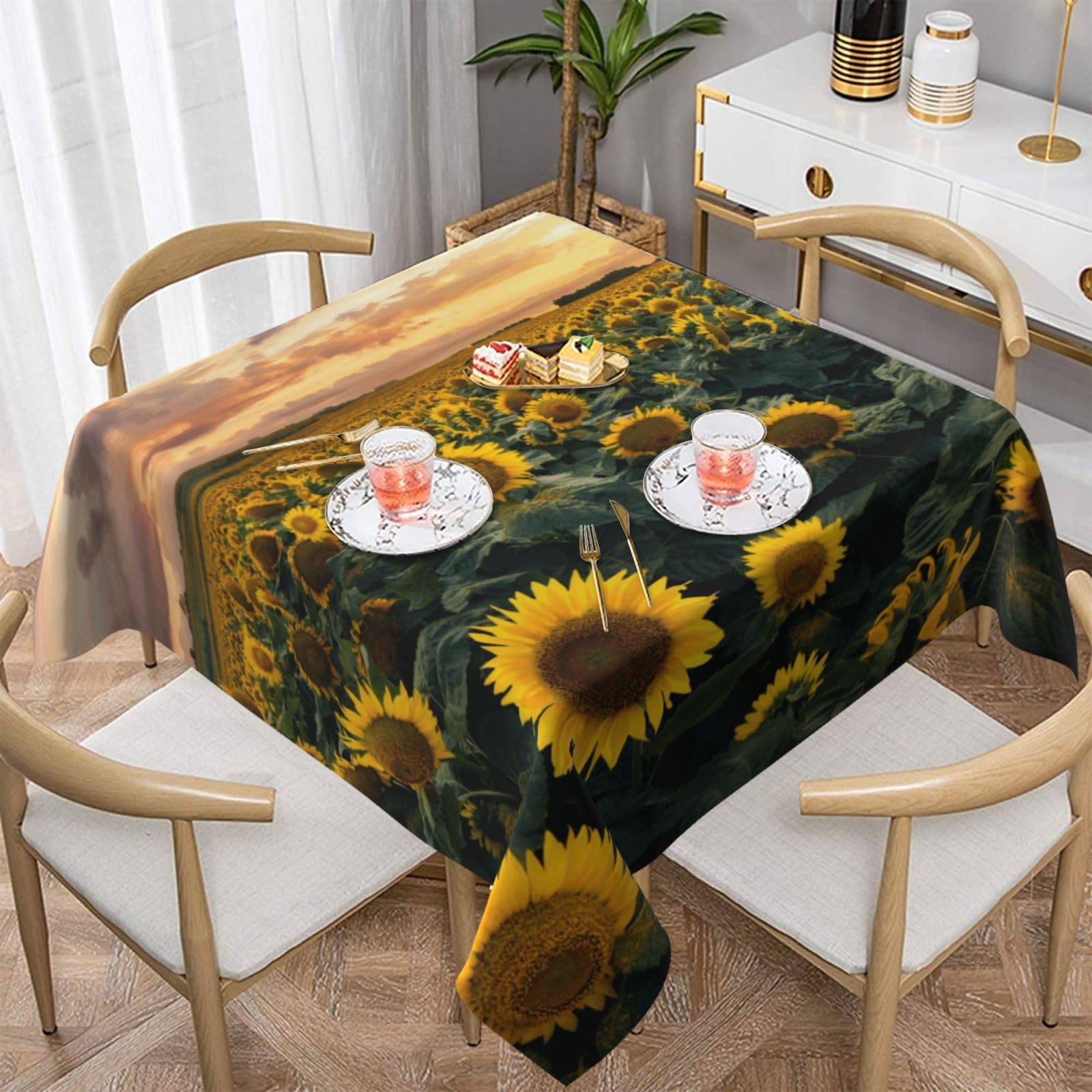 DCEHGEW Sunflower Farmland Prints Square Tablecloth 137x137 CM, Waterproof Fabric Table Cloth for Dining Table, Farmhouse Table Cover for Kitchen Dining Tabletop Decoration