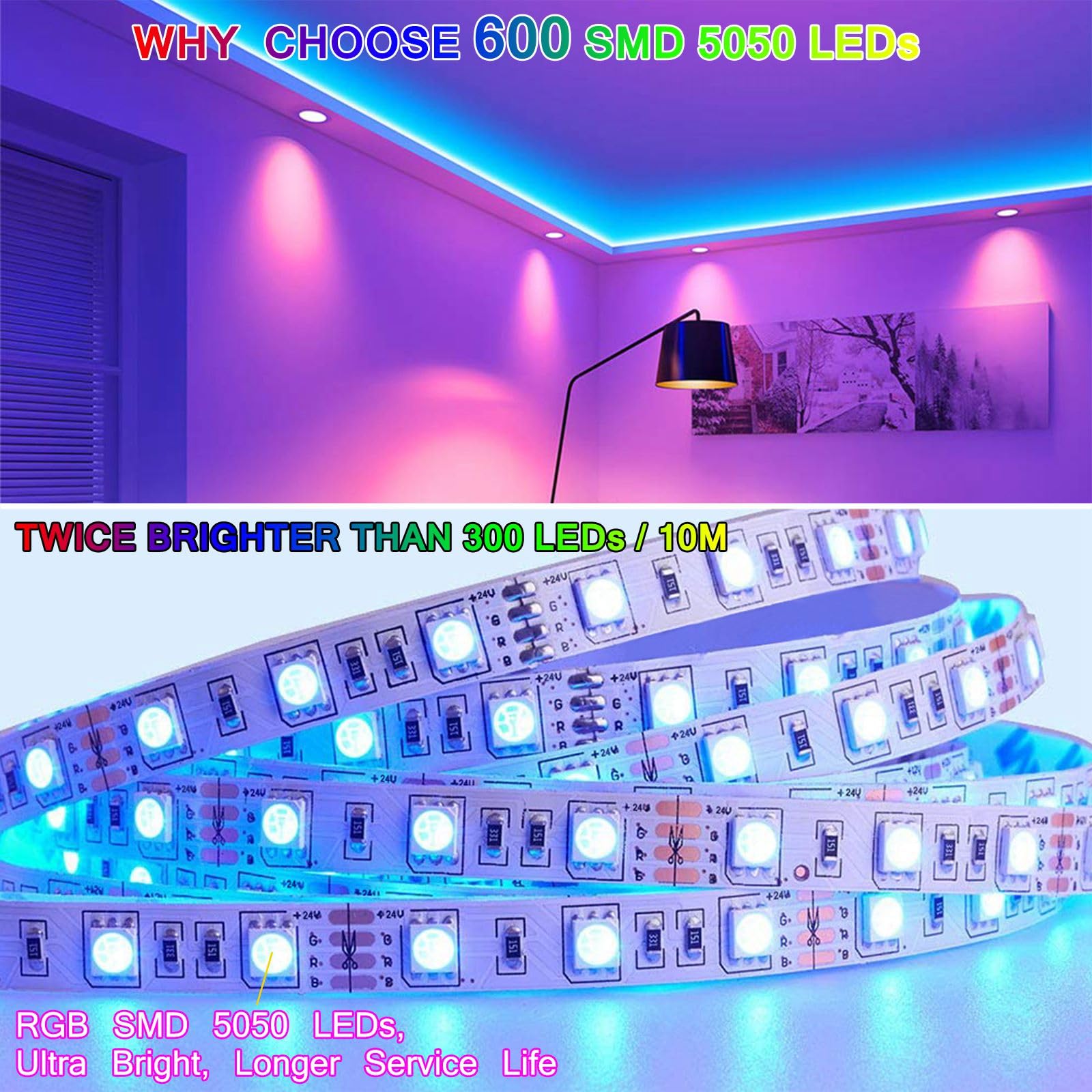LED-Streifen, 2 x 10 m, 60 LED/M, Bluetooth, LED-Streifen, 10 m, 600 LEDs, 5050 RGB SMD, sanfter Farbwechsel, 24 V, Netzteil, Fernbedienung mit 44 Tasten, Empfänger, bunte Lichter für die