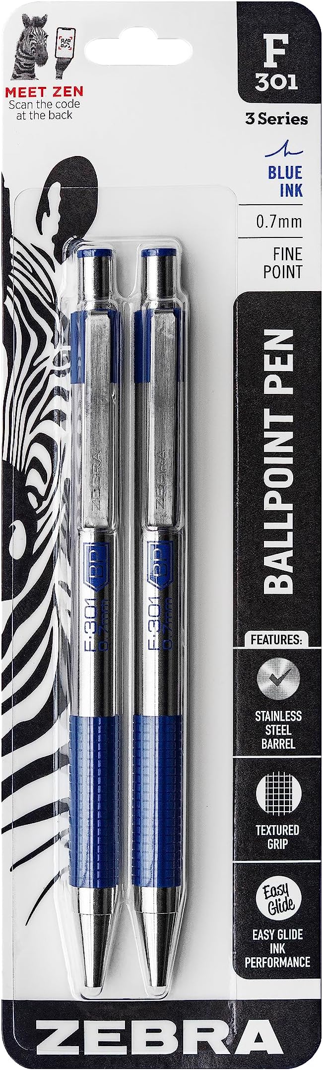 F-301 Ballpoint Blue Ink Fine Point 0.7mm Pen, Easy-Glide Ink, Stainless Steel Retractable, Non-Slip Grip, Professional Design, Ideal for Office, Journal and Planner Use, 2-Pack (27122)