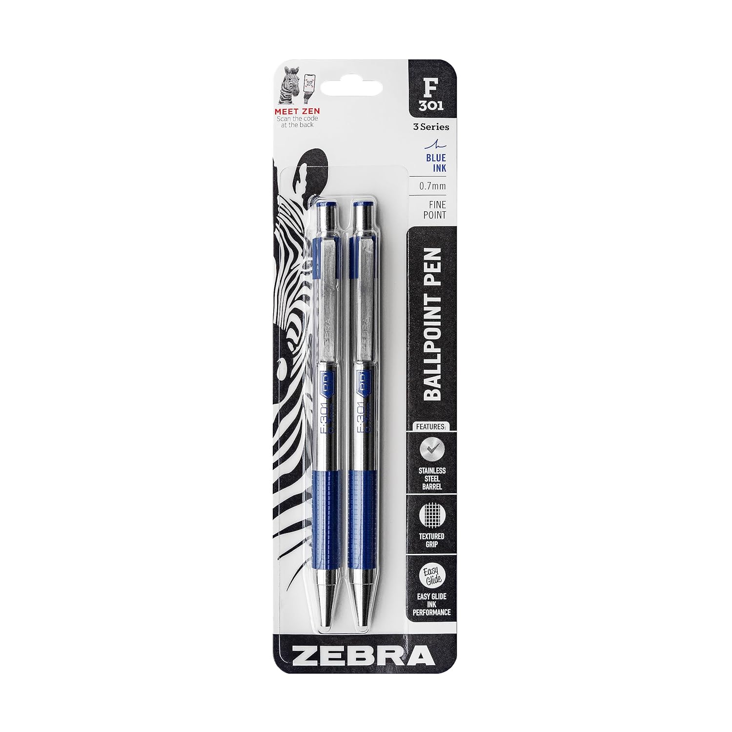 Zebra Pen F-301 Ballpoint Blue Ink Fine Point 0 7mm Pen Easy-Glide Ink Stainless Steel Retractable Non-Slip Grip