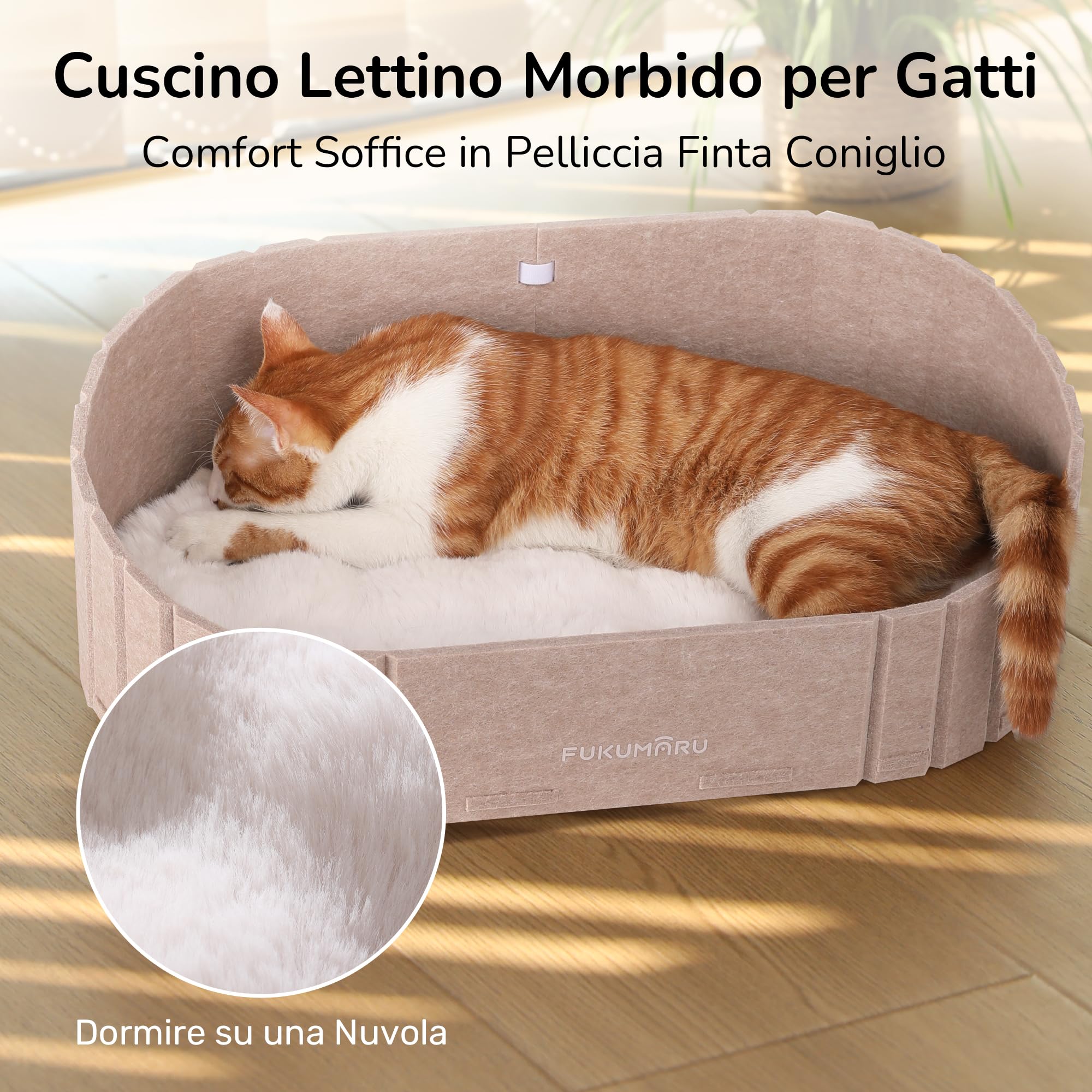 FUKUMARU Cuccia per Gatti Interno- Letto Extra Large 60 cm con Cuscino in Peluche Finto Coniglio, Divano/Casa Ovale in Feltro per Gatti Domestici. Sabbia