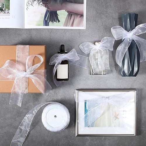 Vista 6 de Outus Outus - Cinta de organza transparente brillante para envolver regalos, cinta de gasa transparente, cinta de tul de malla (blanco, 1.6 pulgadas)