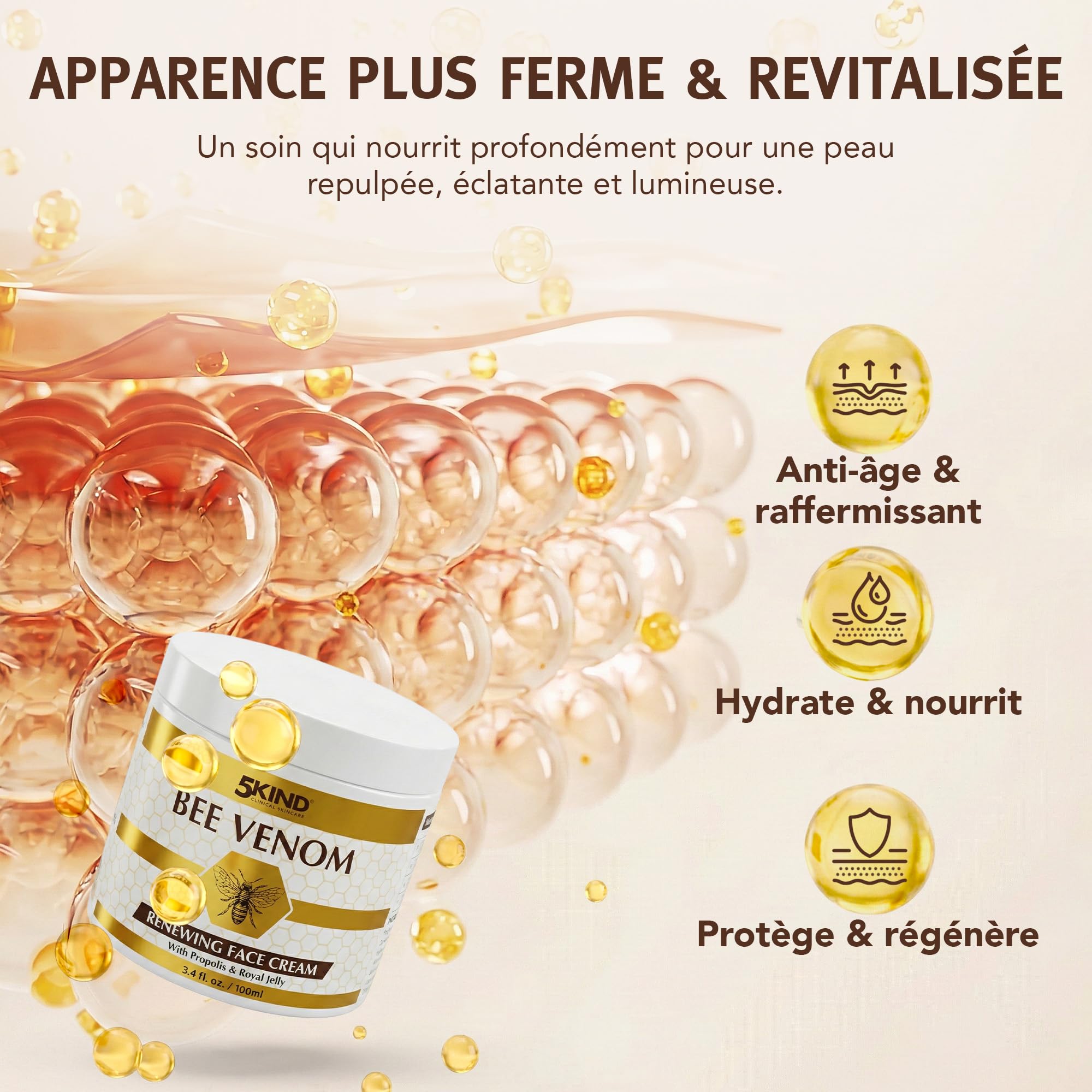 Crème Visage Régénérante au Venin d’Abeille 5Kind avec Propolis & Gelée Royale 100 ml - Crème Anti-Âge au Venin d’Abeille pour Femmes & Hommes - Crème au Venin d’Abeille contre les Rides